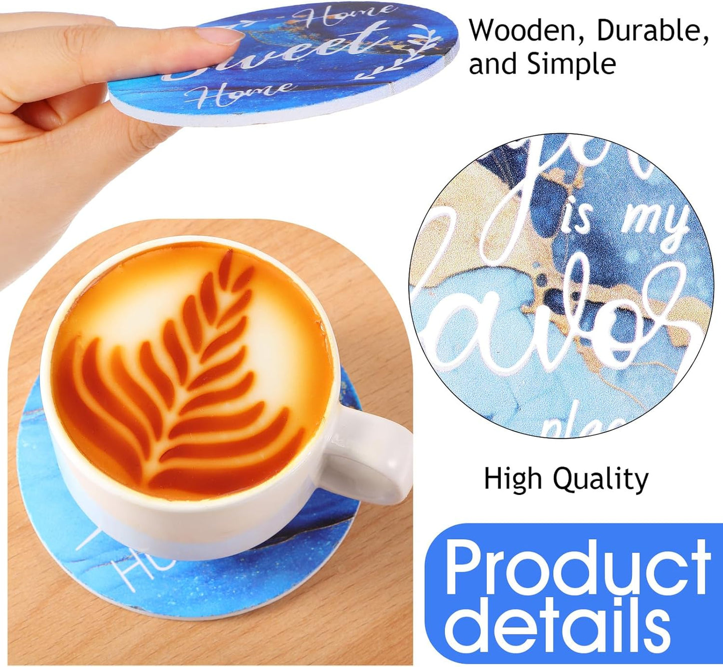 Queekay Housewarming Gifts for Home Decoration Wooden Heart Coasters for Drinks 6 Set Farmhouse Coasters with Holder Funny for Family Coffee Table Protection, 4''(Gilded Blue)