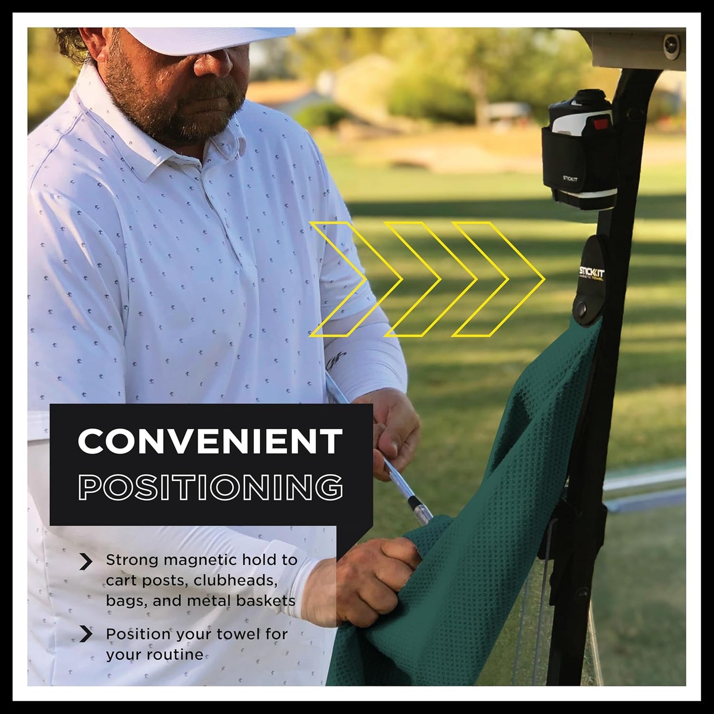 STICKIT Magnetic Golf Towel, Green, Premium 29" Microfiber with Deep Waffle Pockets, Industrial Strength Magnet for Secure Hold to Golf Carts & Clubs, Ultra-Absorbent, Fast-Drying, Easy-Clean Design