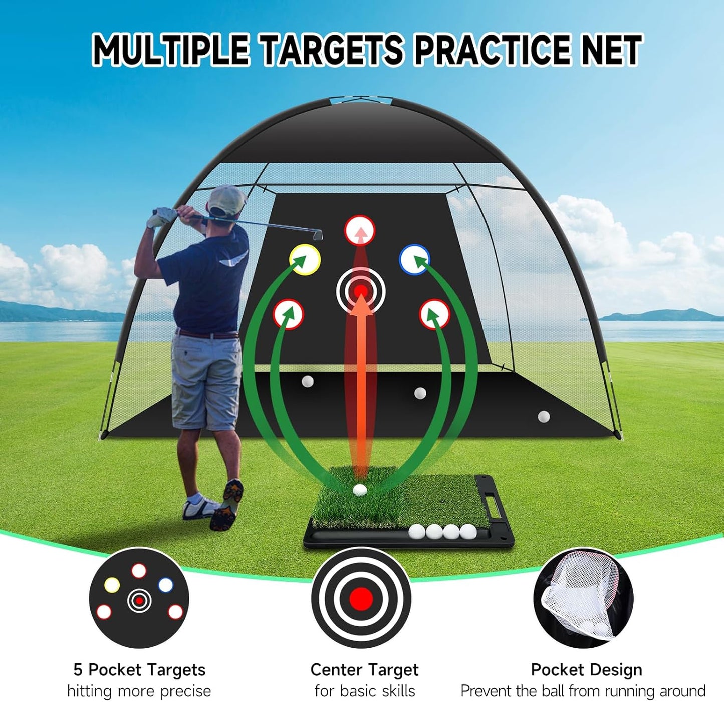 Golf Net: 10x7ft Golf Hitting Practice Net for Use，with Heavy-Duty Base Dual-Turf Mat，Suitable for Various Indoor and Outdoor Scenarios，Scenes Such As Garages, Backyards, Sandy Areas, Lawns, Etc