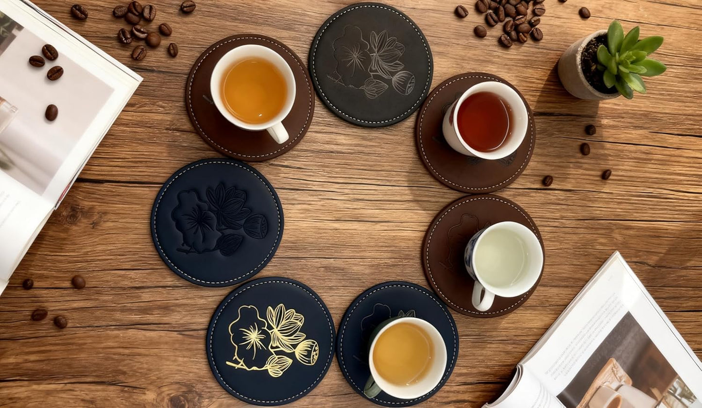Custom Vintage Coasters Set of 6, Leather Coasters with Holder, Coaster for Office Desk, Non-Slip, Non-Stick, Easy Clean, for Housewarming Gifts, Home Decor, Wooden Table, Coffee Table, Bar (Gray)