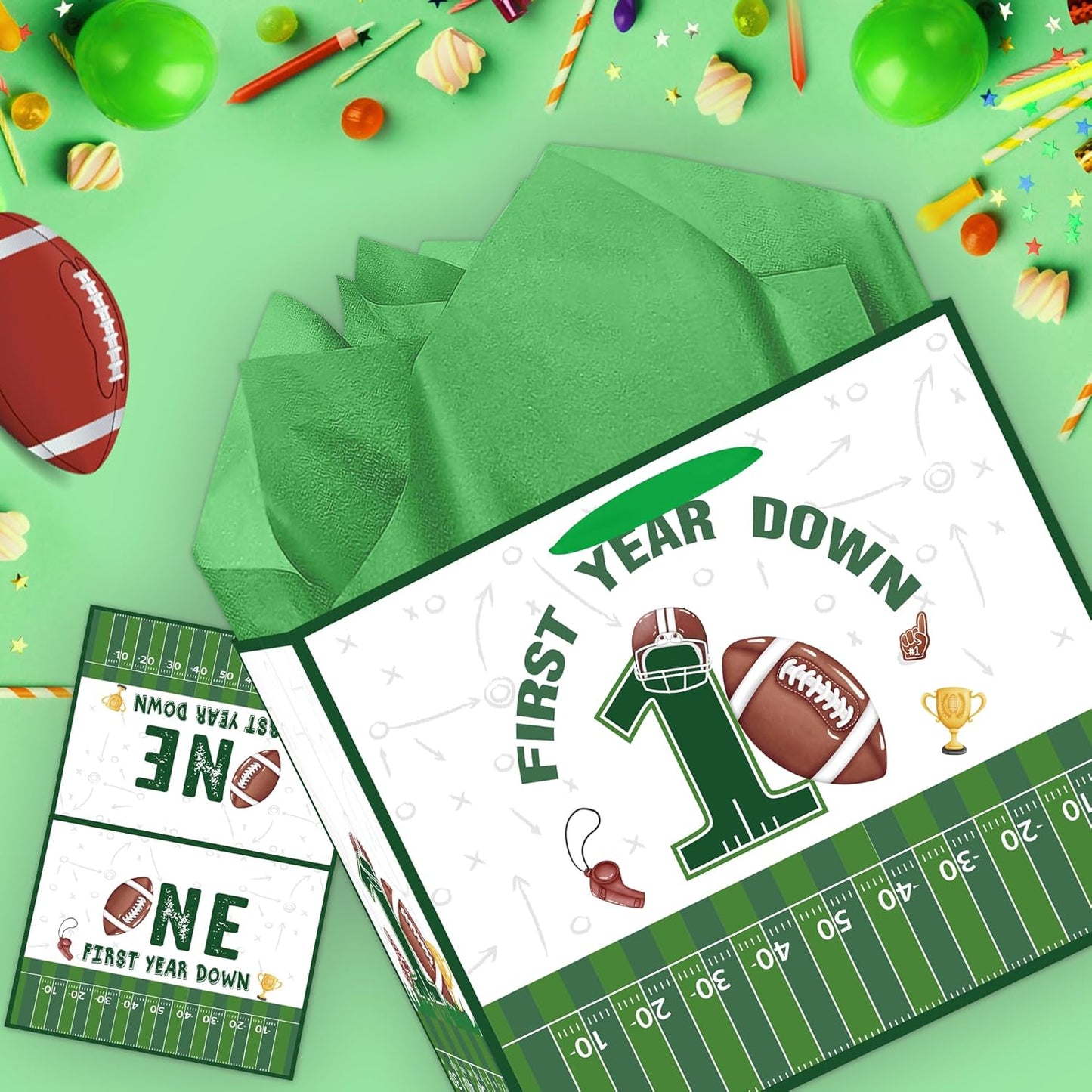 EoBeCy First Year Down Football Gift Bags, Large First Birthday Gift Bag with Tissue Paper and Greeting Card, Football Wrapping Paper for Boys Kids Men Sports Theme 1st Birthday Party Favor Supplies