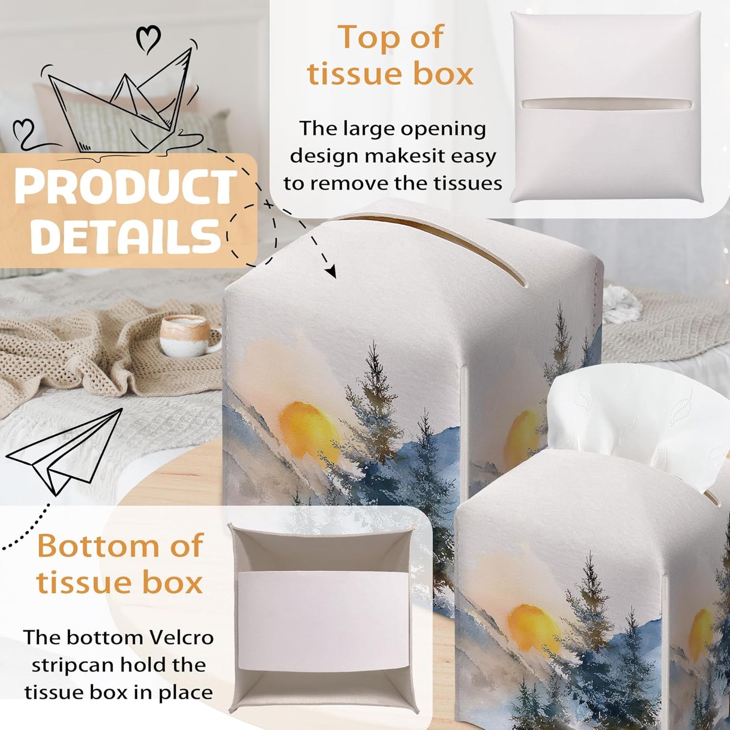 Winter Pine Tree Tissue Box Holder, Winter Forest Landscape Leather Tissue Box Cover Square with Bottom Belt, Paper Facial Decorative Tissues Cover for Bathroom Kitchen Office Home Decor-B24