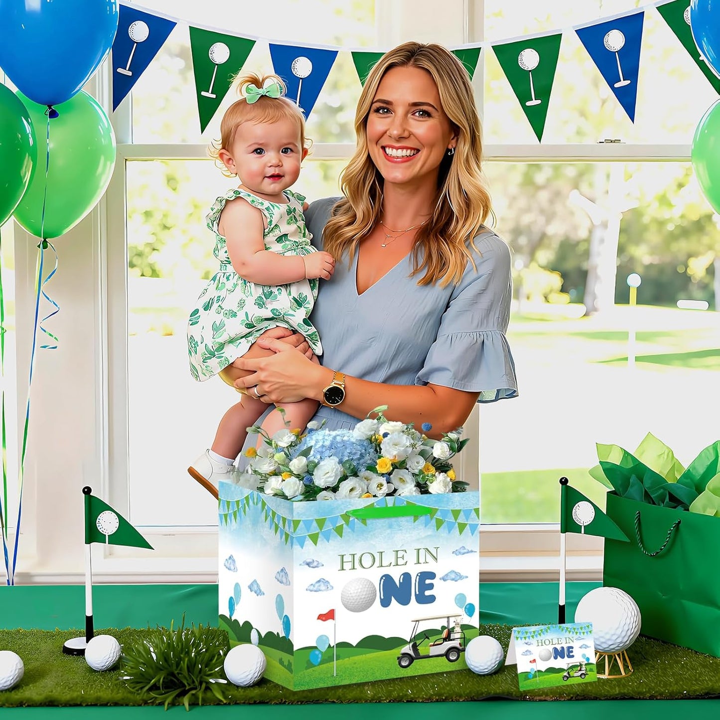 Hole in One Birthday Decorations Extra Large Hole in One Gift Bag Christmas Jumbo Golf First Party Bag Green 1st Bag with Card and Papers for Boys Girls Newborn Baby Shower One Year Old Themed Bday Party Supplies