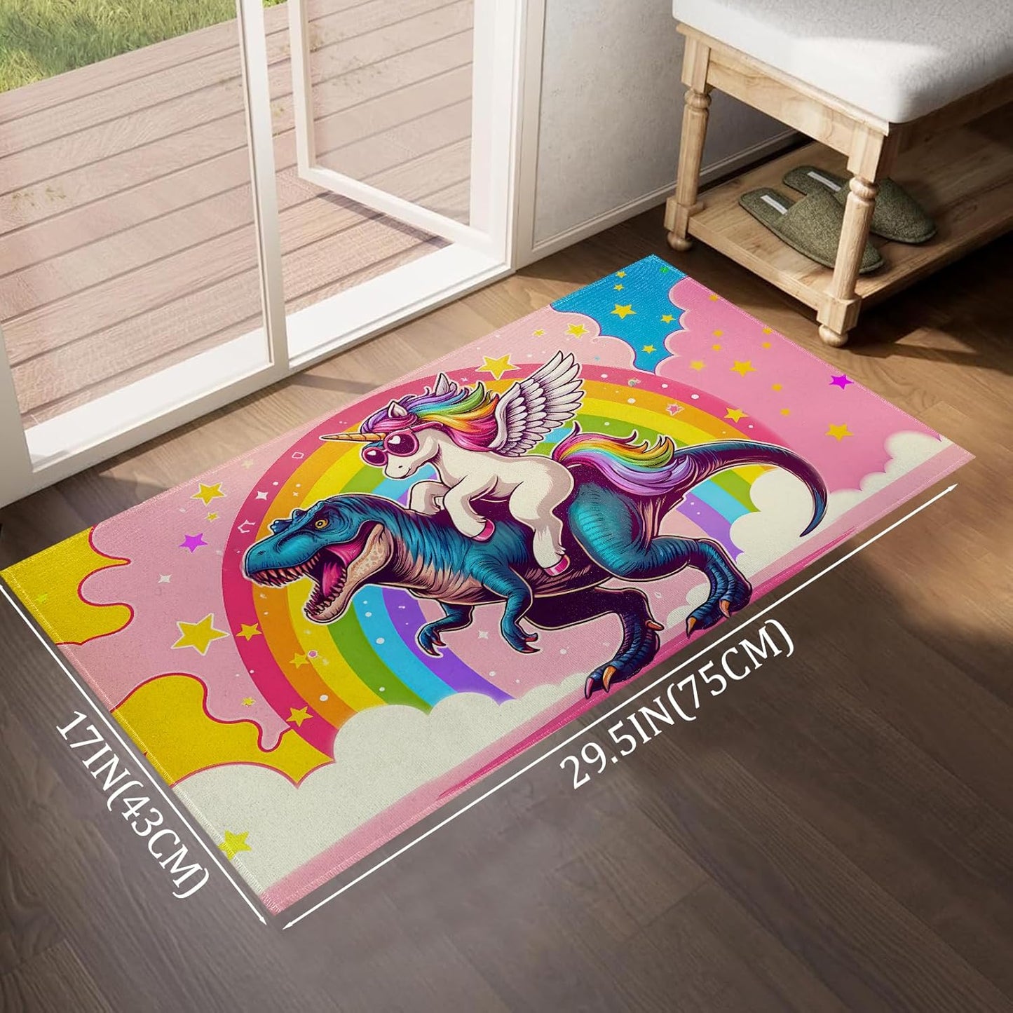 Fun Dinosaur and Unicorn Indoor Door Mat,Colorful Fantasy Floor Doormat,17x29.5in,Non Woven Non Slip Rubber Backing Magic Animal Rug for Porch Insider,Kitchen,Doormats Gifts,Rv Camper Decor