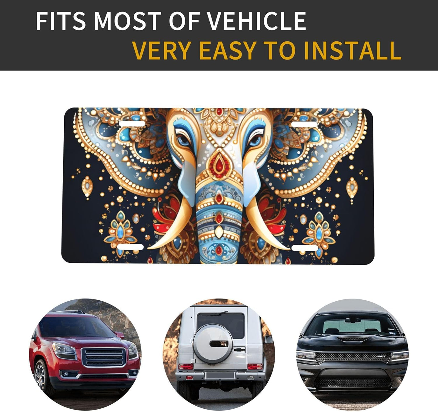 Ethnic Color Animal Elephant Front License Plate for Car Designs Stainless License Plate Cover Holder for Men Women Metal Aluminum Decorative Accessory Vanity Tag Standard 6 X 12 Inch (4 Holes)