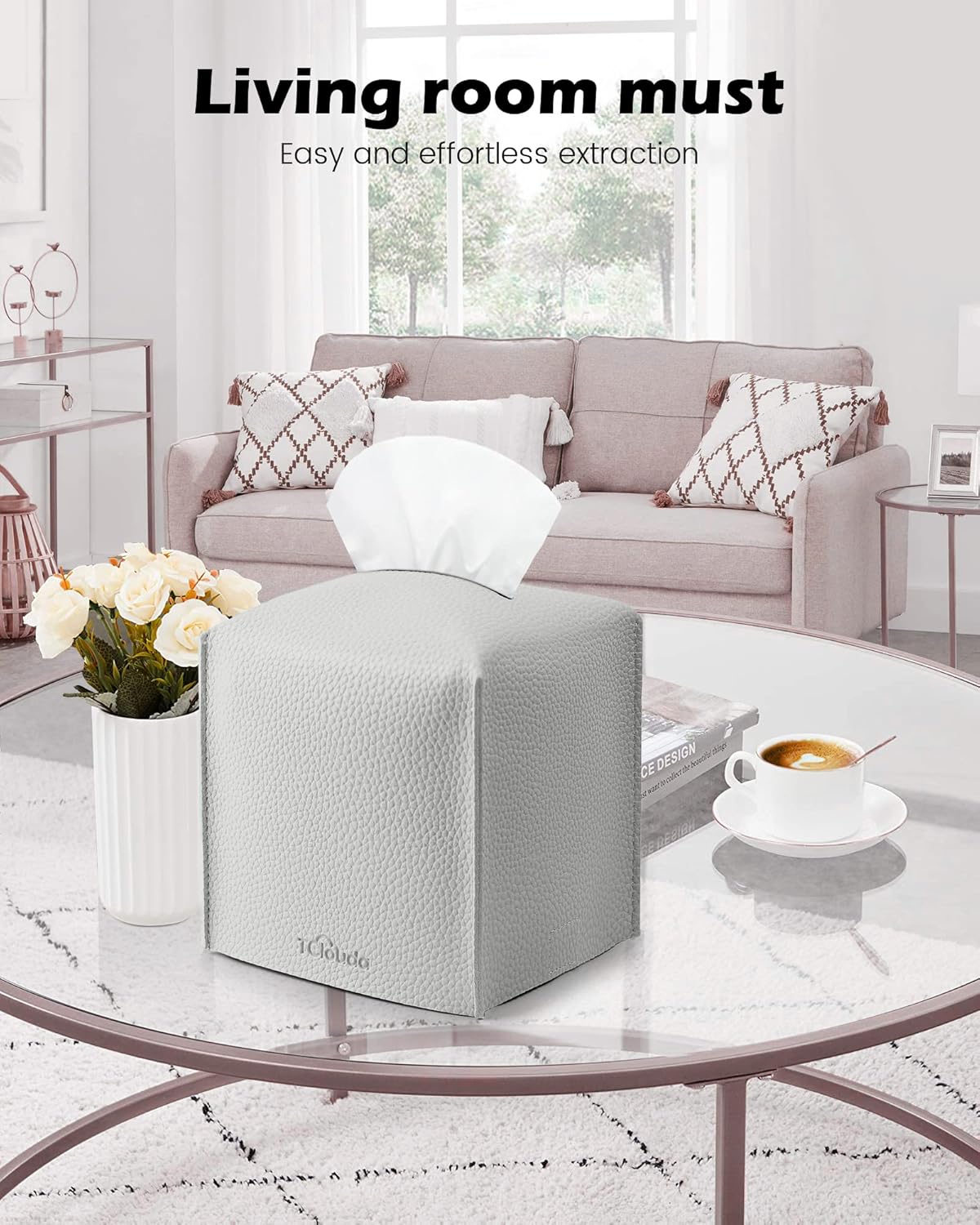 Tissue Box Cover for PU Leather, Modern Simple Solid Color Holder Square Tissue Bag, Ideal for Bathrooms,Office,Car,Outdoor Tent,Dining Table,5"X5"X5", Single Light Grey