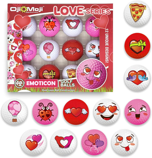 Oji Moji Emoticon Golf Ball Set - Love Series, 12-Pack Novelty Golf Gift for Men, Dads, Women, Kids, Accessories