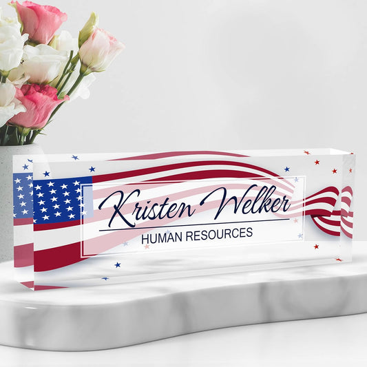 Personalized Name Plate for Desk Custom Acrylic Desk Name Plate Custom Employee Appreciation Gifts Office Gifts for Women, Men, Boss, Coworkers, Teacher, Nurse (Flag 2)
