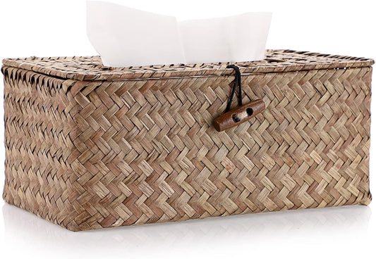 Sumnacon Tissue Box Cover Rectangle Tissue Box Seagrass Tissue Box Holder Woven Tissue Holder Decorative Tissue Cover for Bathroom Tissue Box Cover Rectangular for Home Office Table Coffee