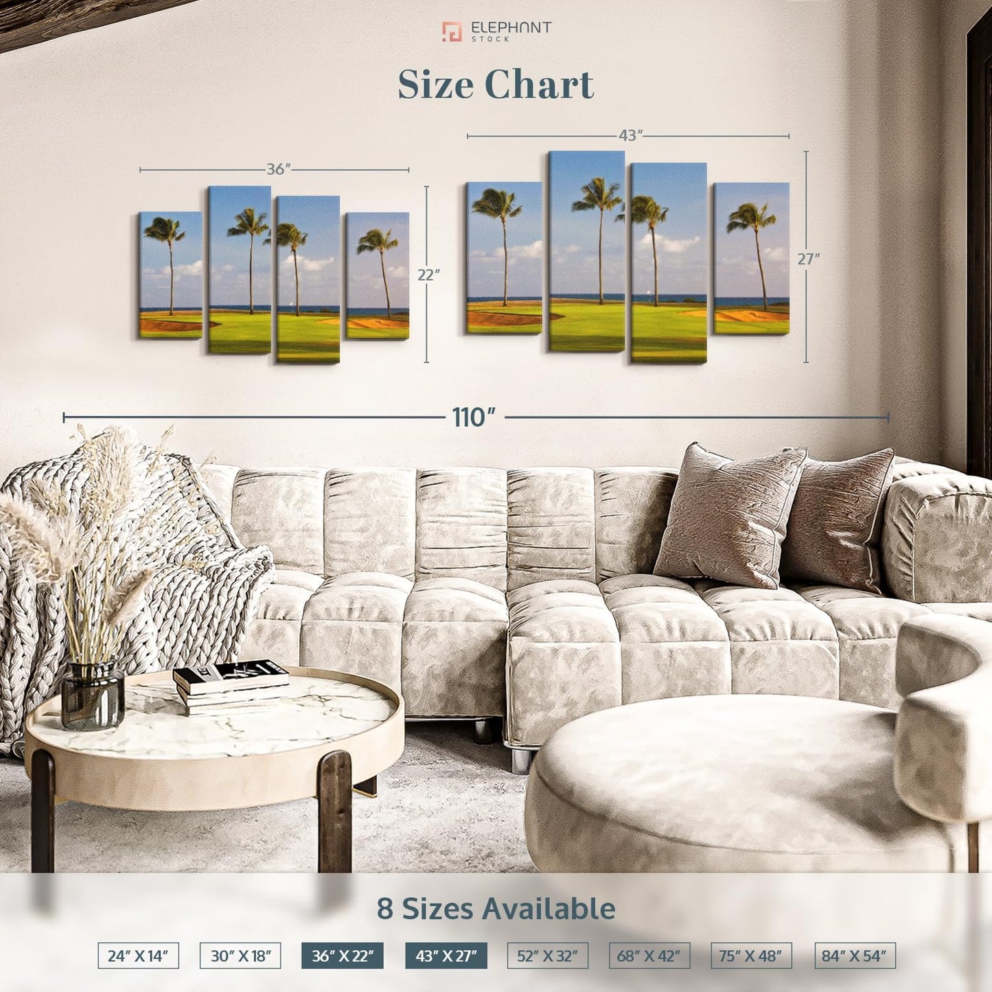 Elephant Stock Hawaiian Golf Course Wall Art - Horizontal Canvas - 4-Piece Living Room Wall Decor - Photography Sports Canvas Print - Green and Yellow Decor for Wall - 43" X 27"