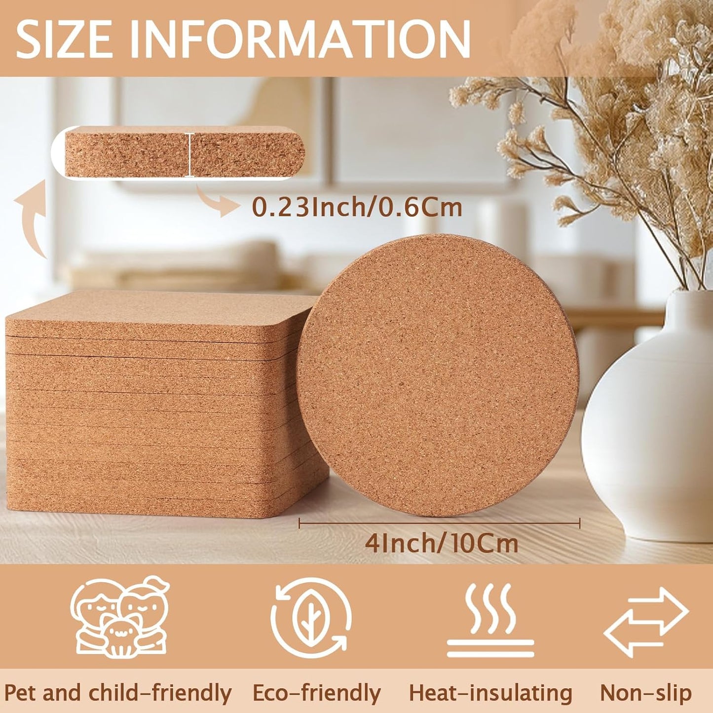 60 Pieces Cork Coasters for Drinks, GOH DODD Thicken Absorbent Blank Coasters for DIY Crafts Laser Engraving Sublimation Wood Burning Plants Painting Housewarming Gifts Wedding Education, 4 Inch