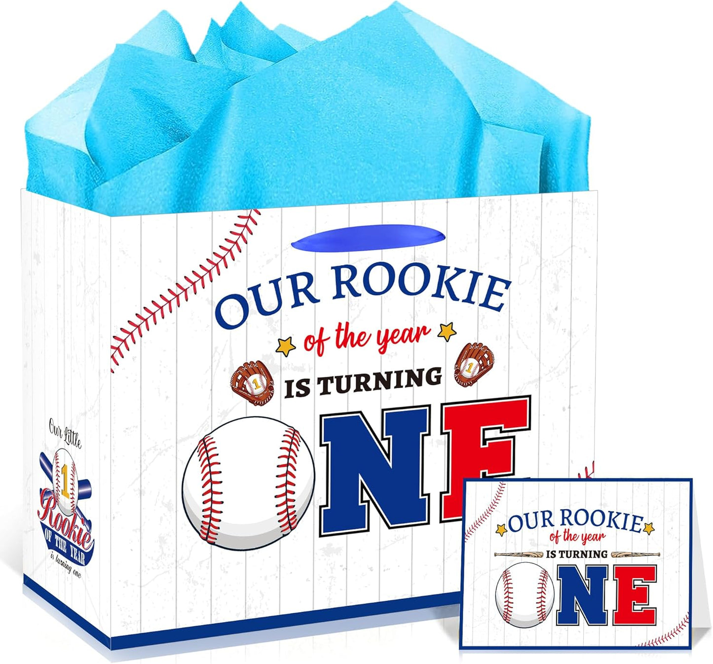 EoBeCy Baseball First Birthday Gift Bag with Tissue Paper and Greeting Card, Rookie of The Year Wrapping Paper, Large Sports Gift Bag for Boys Kids One Year Old Birthday Party Favors