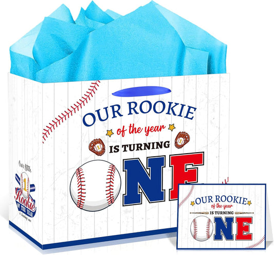 EoBeCy Baseball First Birthday Gift Bag with Tissue Paper and Greeting Card, Rookie of The Year Wrapping Paper, Large Sports Gift Bag for Boys Kids One Year Old Birthday Party Favors