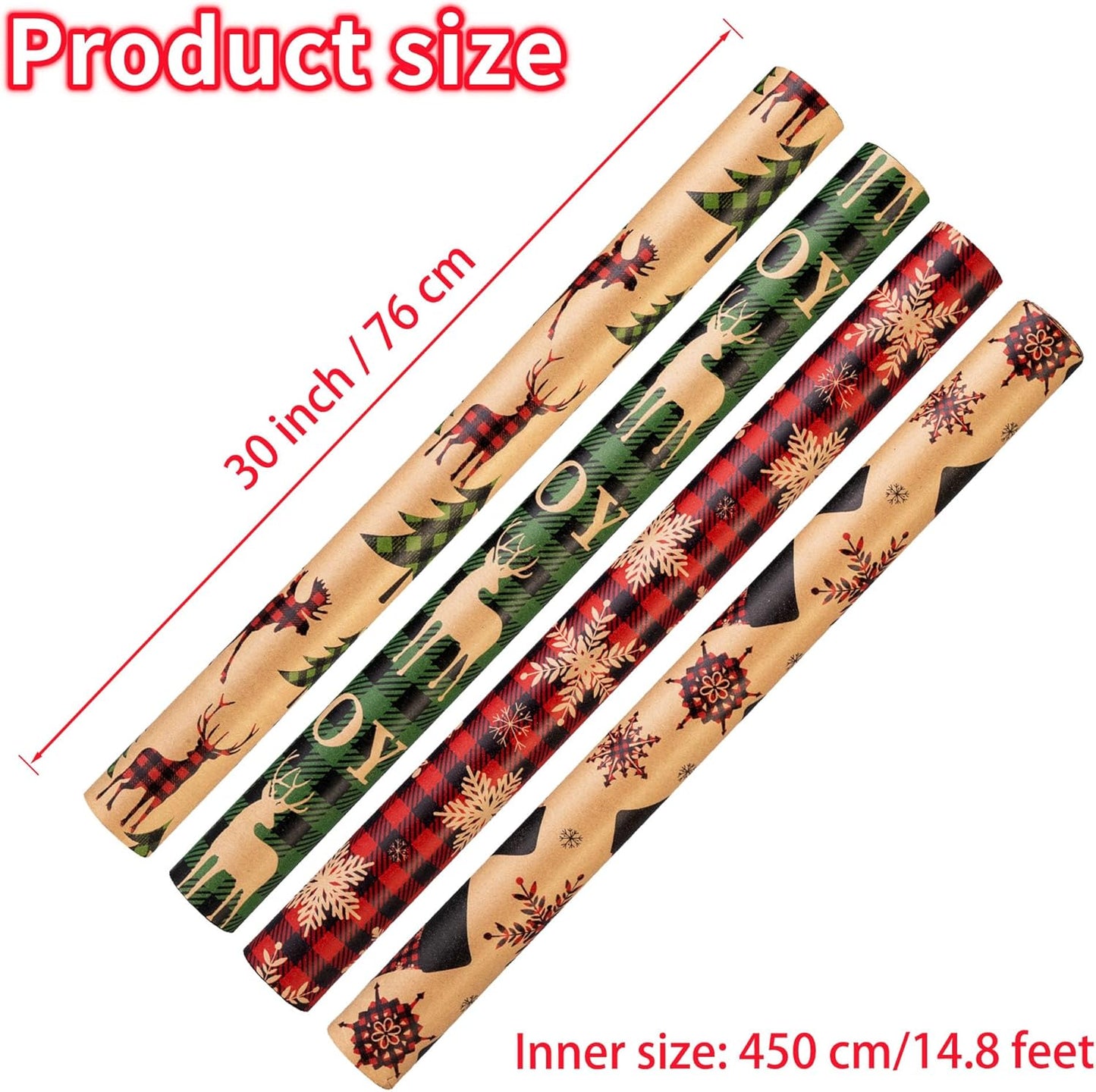 Christmas Wrapping Paper (4 Rolls: 148 sq. ft. ttl) - Red/Green and Black Plaid Grid Patterns, Stockings Snowflakes Pine Tree and Reindeer - Holiday Kraft Gift Paper 30 inches x 14.8 feet Per Roll