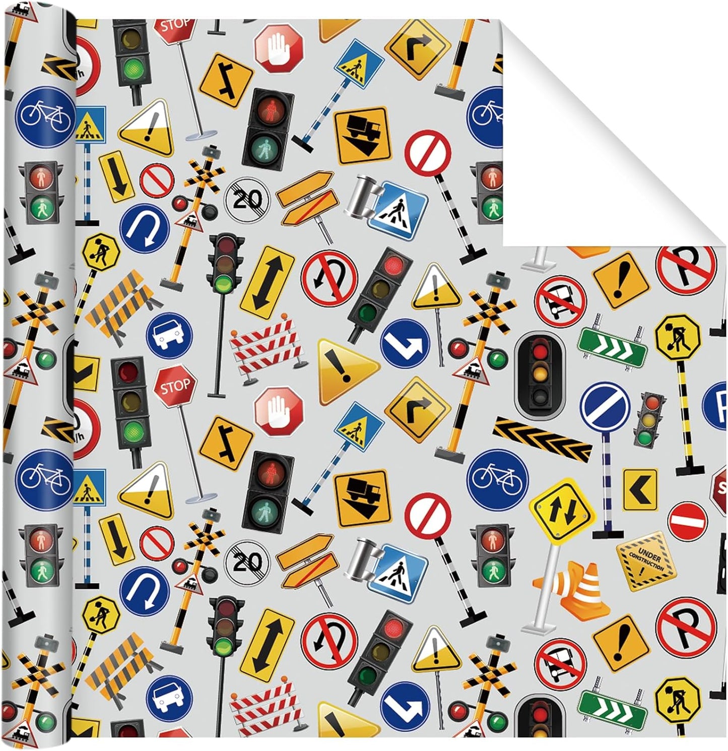 Traffic Sign Wrapping Paper Roll - 17Inch x16.4Feet - Road Street Traffic Lights Sign Theme Gift Wrap for Transportation Parties,Birthday,Celebration