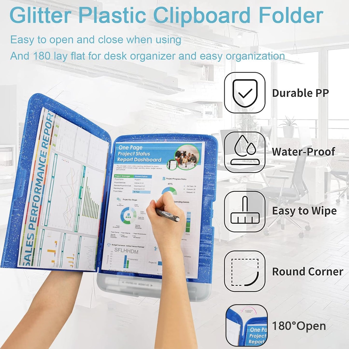 Glitter Clipboard with Storage,Storage Clipboard with Pen Holder,A4 Binder Clip Boards 8.5x11 with Low Profile Clip,Side Opening Sparkle Clipboards, Clipboards Folder for Office Supplies-Starsky Blue