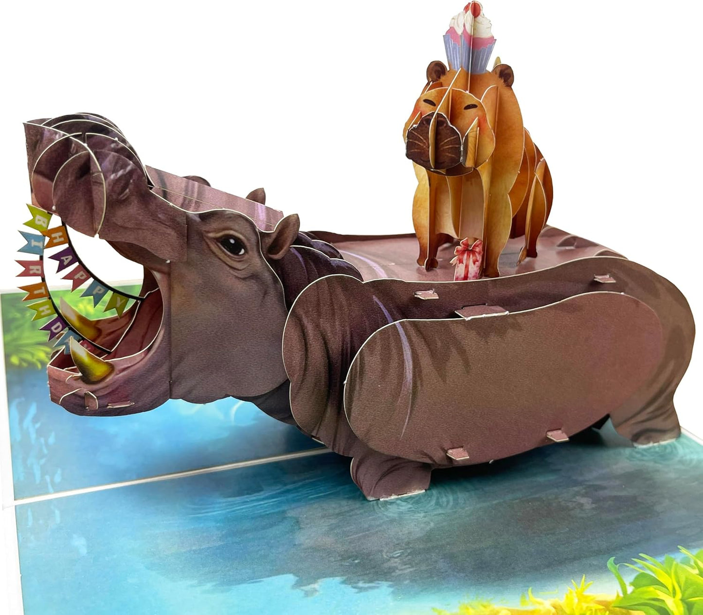 3D Capybara on Hippo Popup Card - Funny Handmade Animal Paper Art for Birthday, Anniversary, Christmas, Valentine’s Day - Unique Gift for Him, Her, Kids, Capybara & Animal Lovers