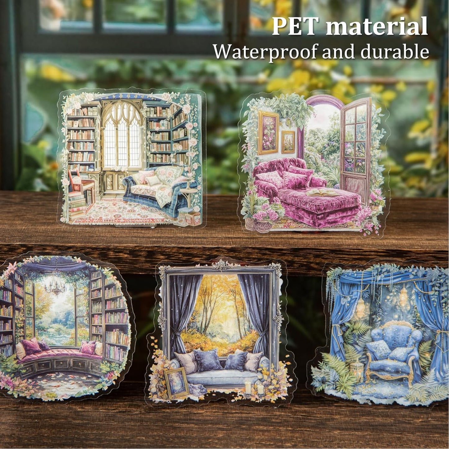Window Reading Corner PET Sticker Set, 60PCS Cozy Room Scene Stickers for Scrapbooking, Journaling, DIY Crafts and Gift Decoration