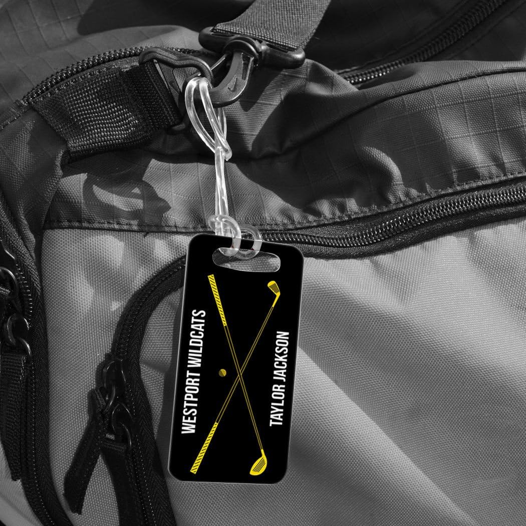 ChalkTalkSPORTS Golf Luggage & Bag Tag | Personalized Crossed Golf Clubs | Standard Lines on Back | Small | Black/Yellow