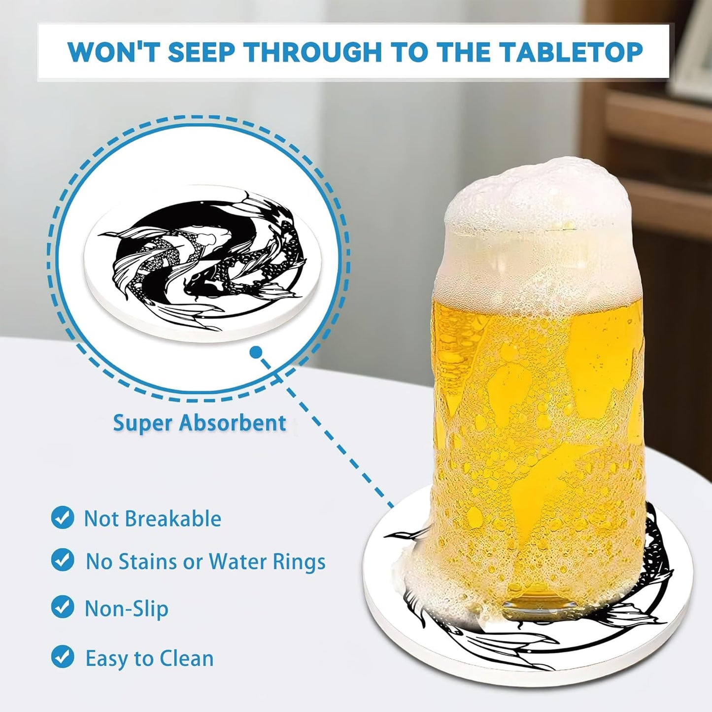 Drinks Coasters Set of 4, Yin Yang Fish Round 4" Cup Coasters, Absorbent Ceramic Stone Coasters with Cork Base, Cute Coasters for Table Home Décor, Ideal Gifts for Women Men