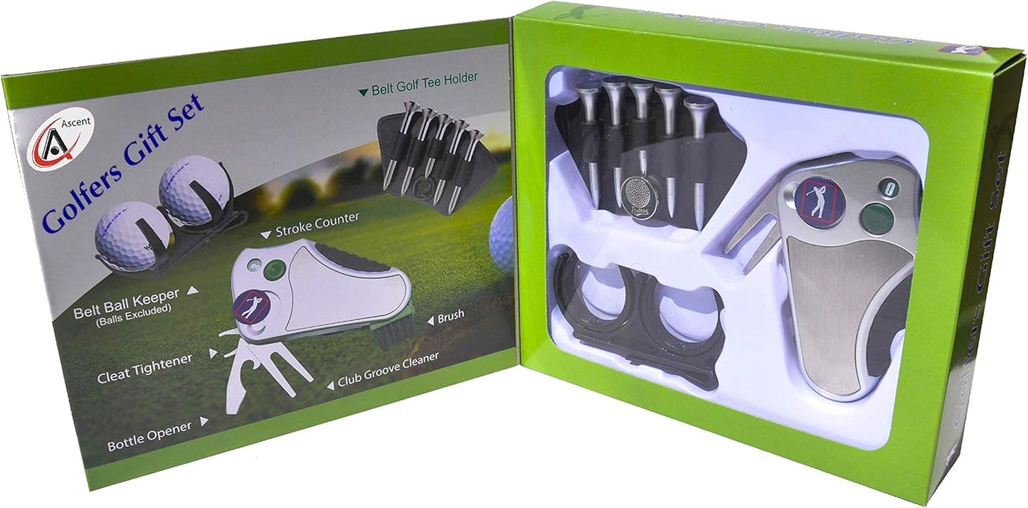 Golfer's Best Golf Gift Set: Tool - Stroke Counter, Divot Tool Repair, Brush, Ball Marker, Cleat Tightener, Club Groove Cleaner Belt Tee Holder Tees Belt Ball Holder - Gift Idea For Men Women