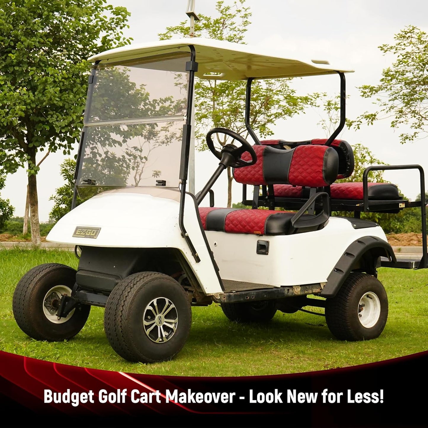 Golf Cart Seat Covers for EZGO TXT 1994-2013 Front OEM Universal Seat Cushion, Marine Grade Vinyl Leather EZGO TXT Seat Covers/Easy to Install-Deep Red (2PCS)