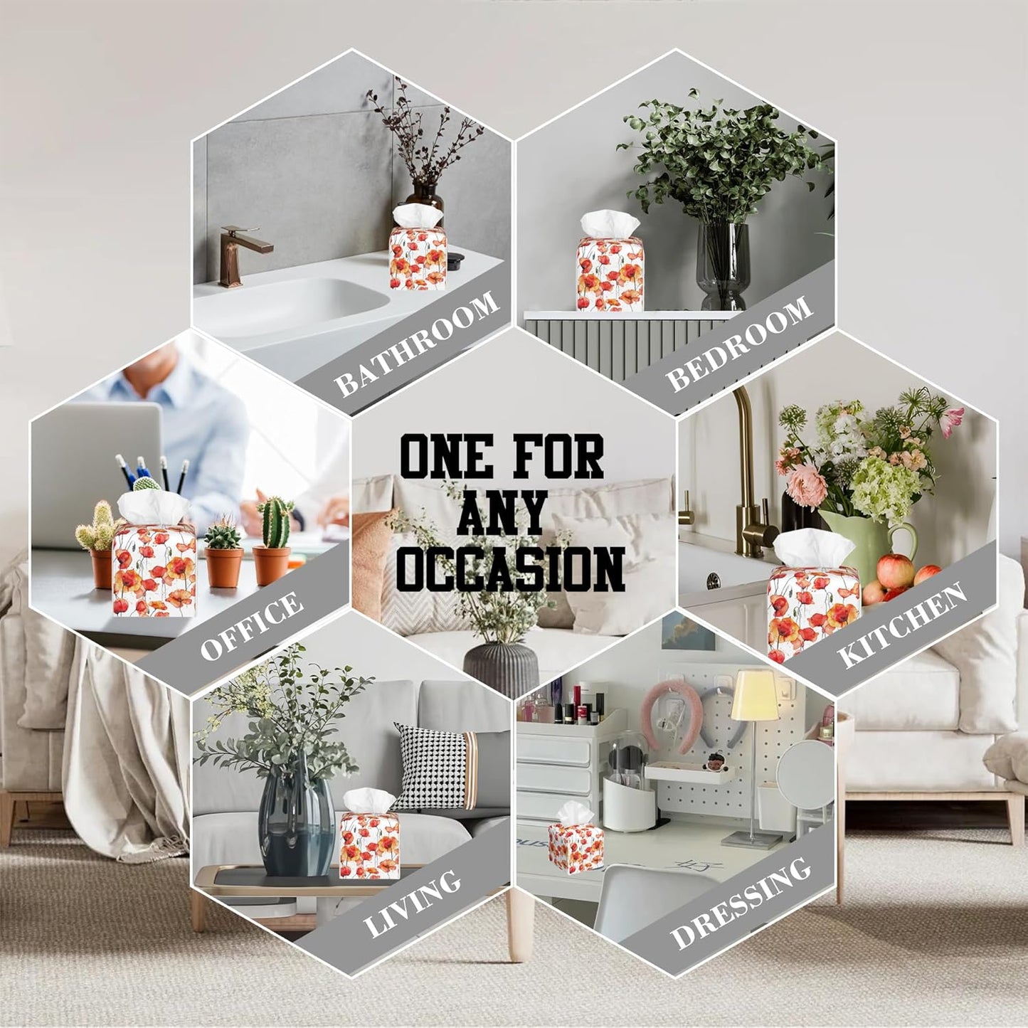 Watercolor Red Flowers Tissue Box Cover Square, Tissue Box Holder Leather Facial Paper Case Decorative Organizer Holder Dispenser Home Office Car Decor