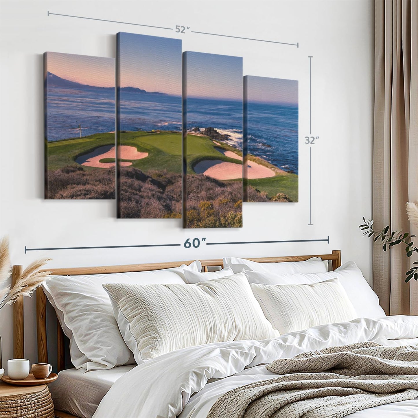 ElephantStock Pebble Beach Golf Club Wall Art - Horizontal Canvas - 4-Piece Living Room Wall Decor - Luxury Photography Canvas Print - Beige and Blue Decor for Wall - 52" X 32"