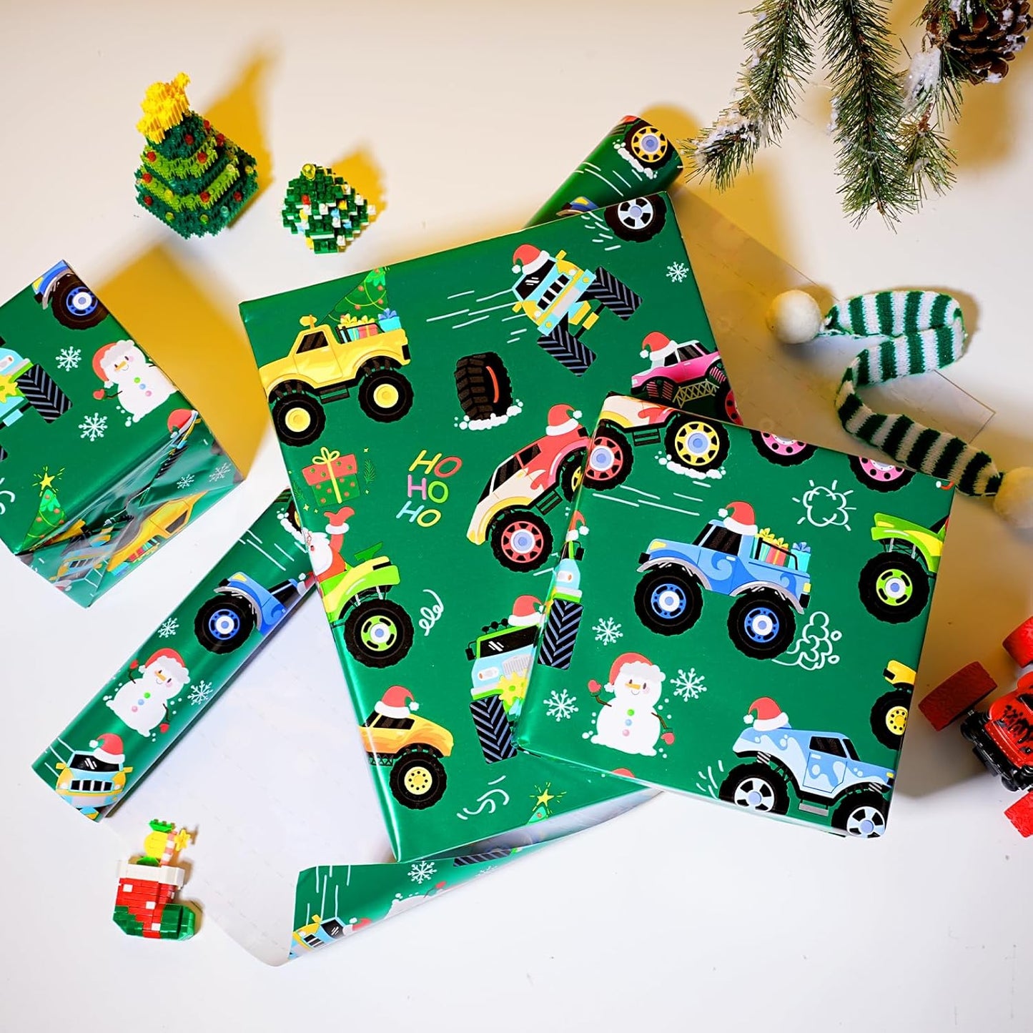 LaRibbons Monster Truck Christmas Wrapping Paper Mini Roll, Monster Truck, Santa and Christmas Trees Design, Fun Holiday Gift Wrap for Kids, Boys, Baby, 17" x 33'(46.7 sq. ft)