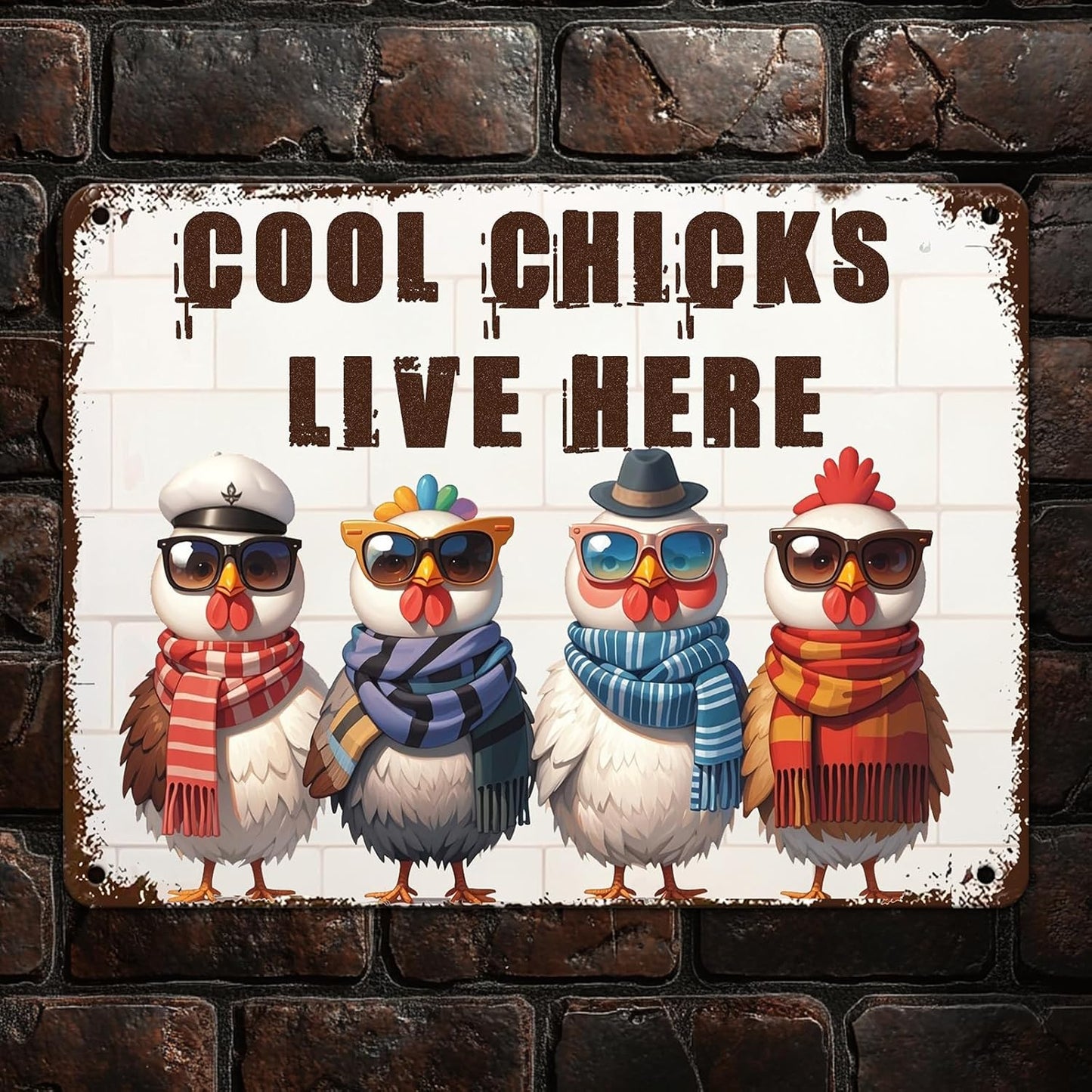 Funny Cool Chicks Live Here Tin Sign Plaque Metal Poster 12x8 Inch Home Kitchen Garden Restaurant Farm Wall Decor