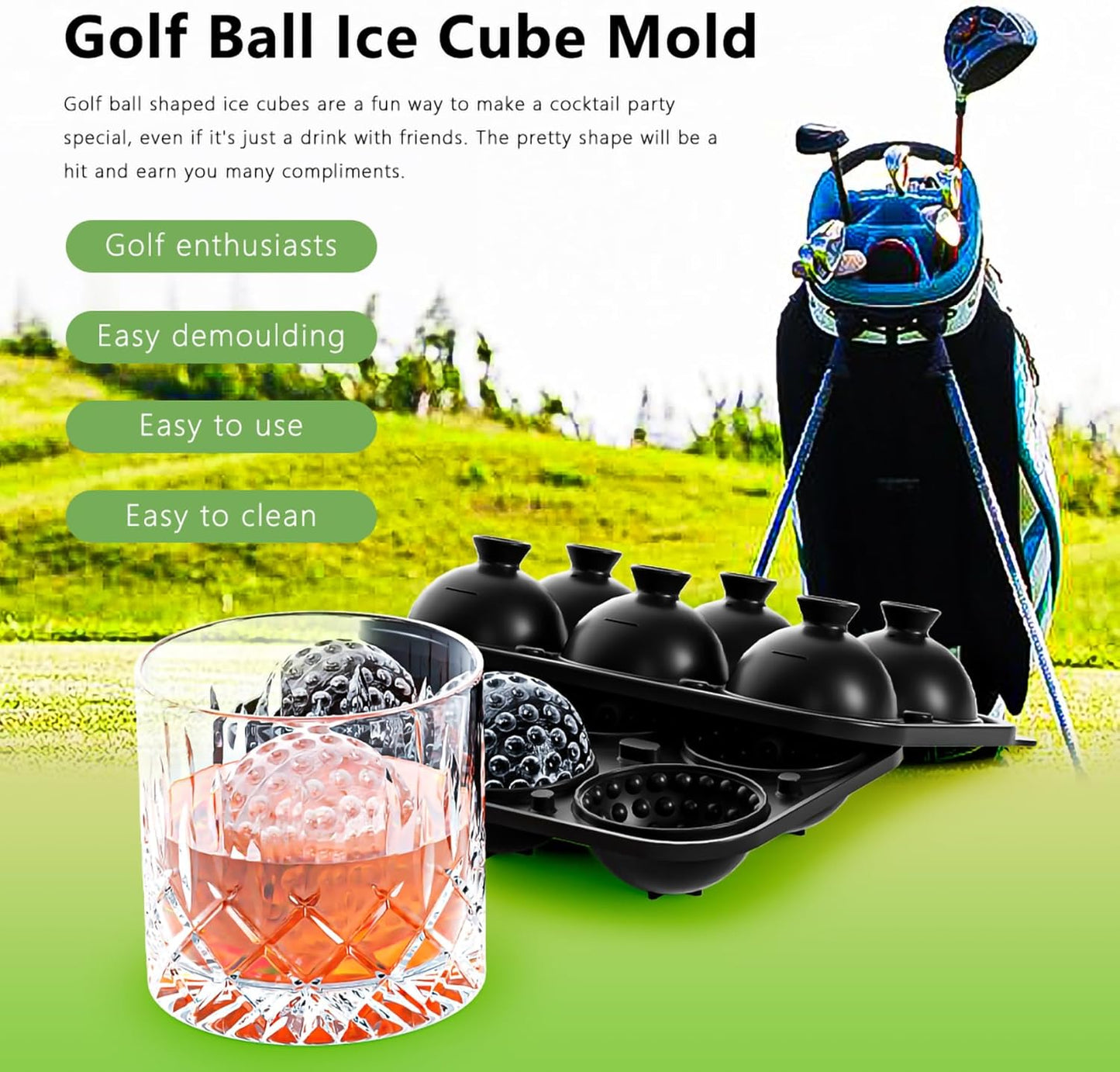 Bangp Golf Ball Ice Cube Molds,Novelty Golf Gifts Ball Ice Maker Mold,2.2" Large Sphere Round Ice Cube Mold,Fun Shapes Large Whiskey Ice Cube Tray for Cocktails,Bourbon