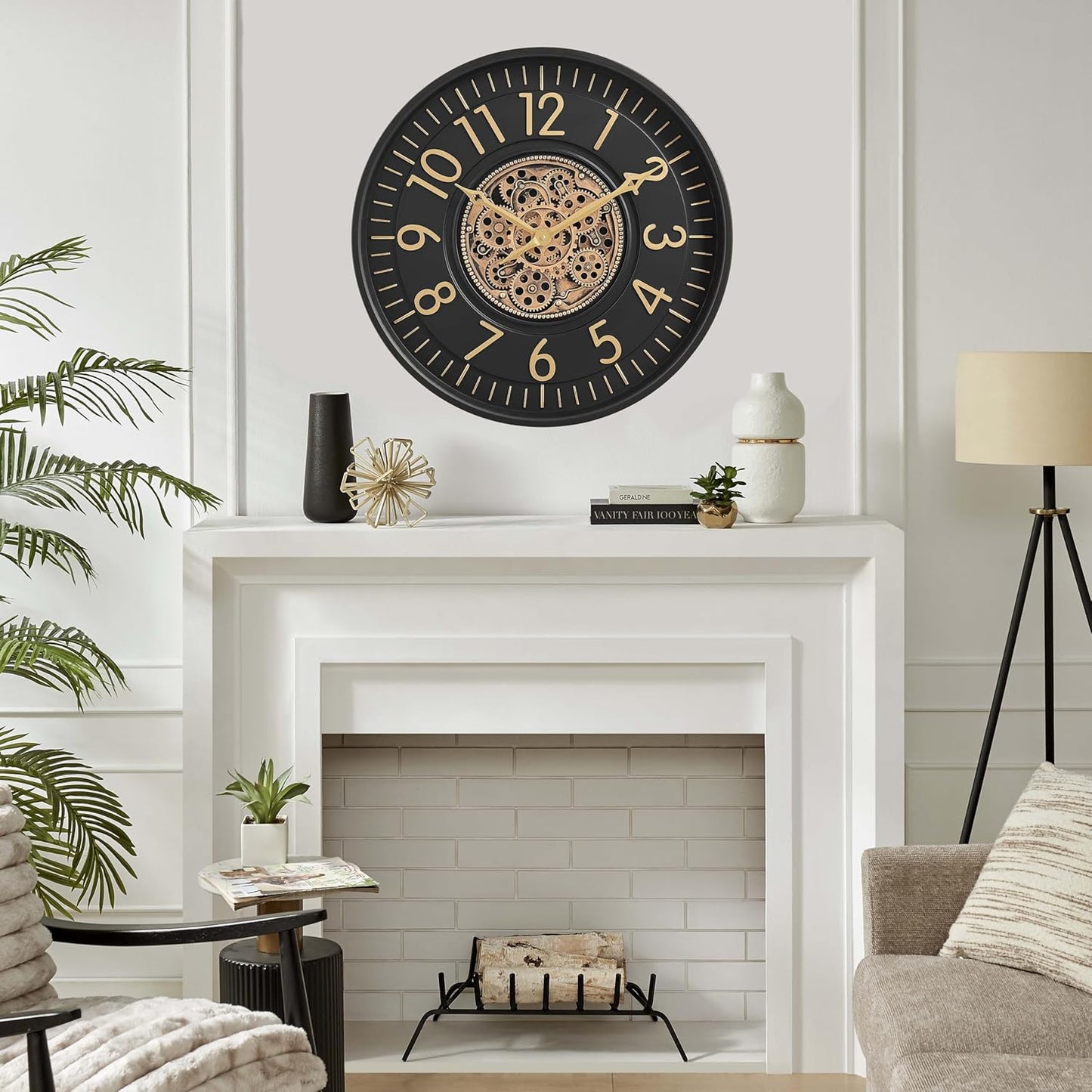 CLXEAST 21 Inch Moving Gear Wall Clock, Large Regular Arabic Numeral Wall Clocks for Living Room Decor,Modern Black& Gold Finish,House Warming Gifts New Home