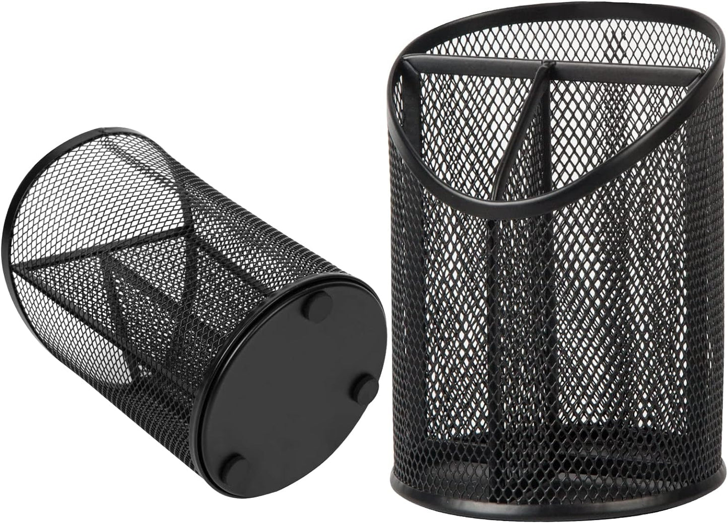 2 Pack Pen Holder Mesh Round Pencil Holder Desktop Organizer 3 Compartments, Black