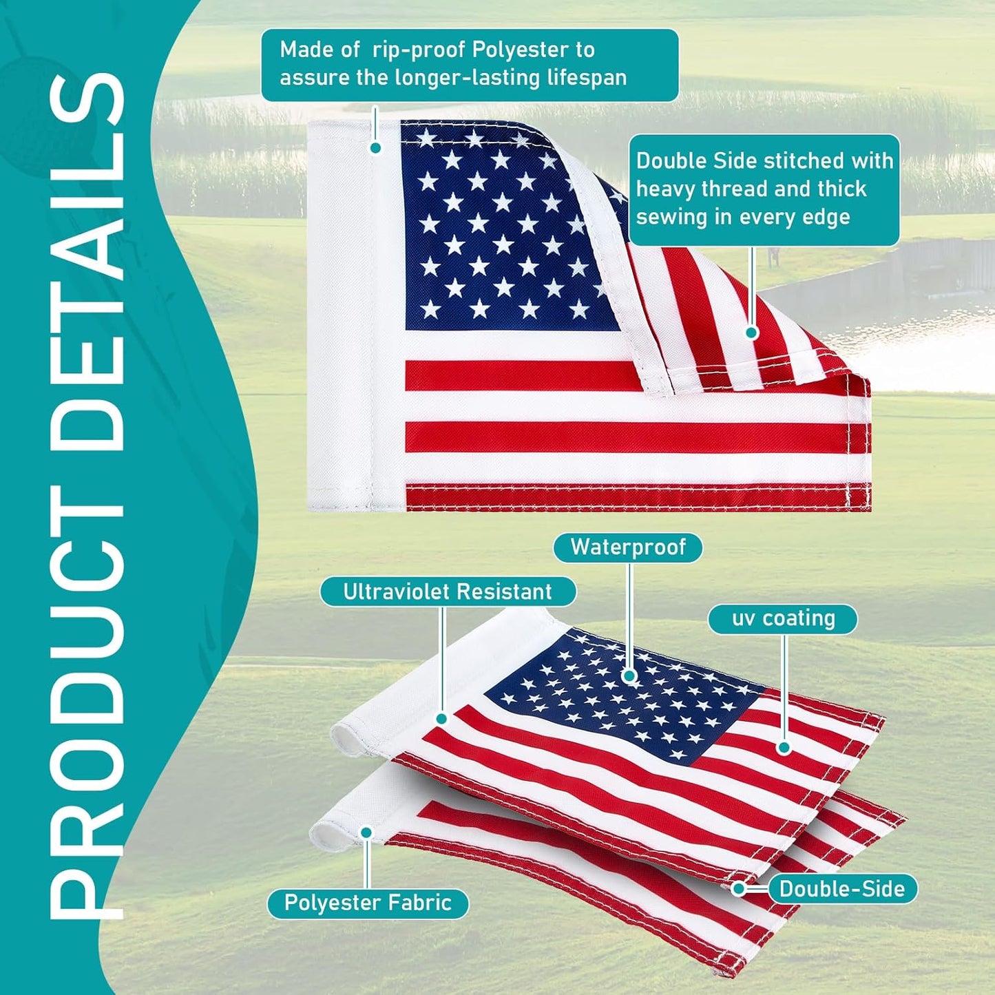 Deekin 6 Sets Golf Pin Flags Hole Cup Set Putting Green Flag for Yard Mini Practice Double Sided American Golf Flag Portable 2 Section Fiberglass USA Golf Flag, 6 x 8 Inches