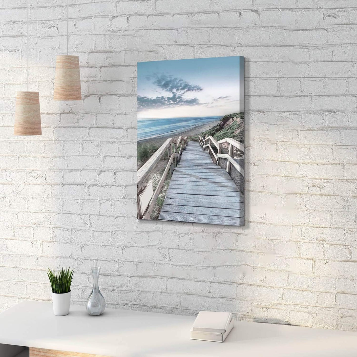 Beachside Wooden Path Wall Art: Bridge Boardwalk Stair Graphic Art on Wrapped Canvas for Wall Decor (18''x24'')