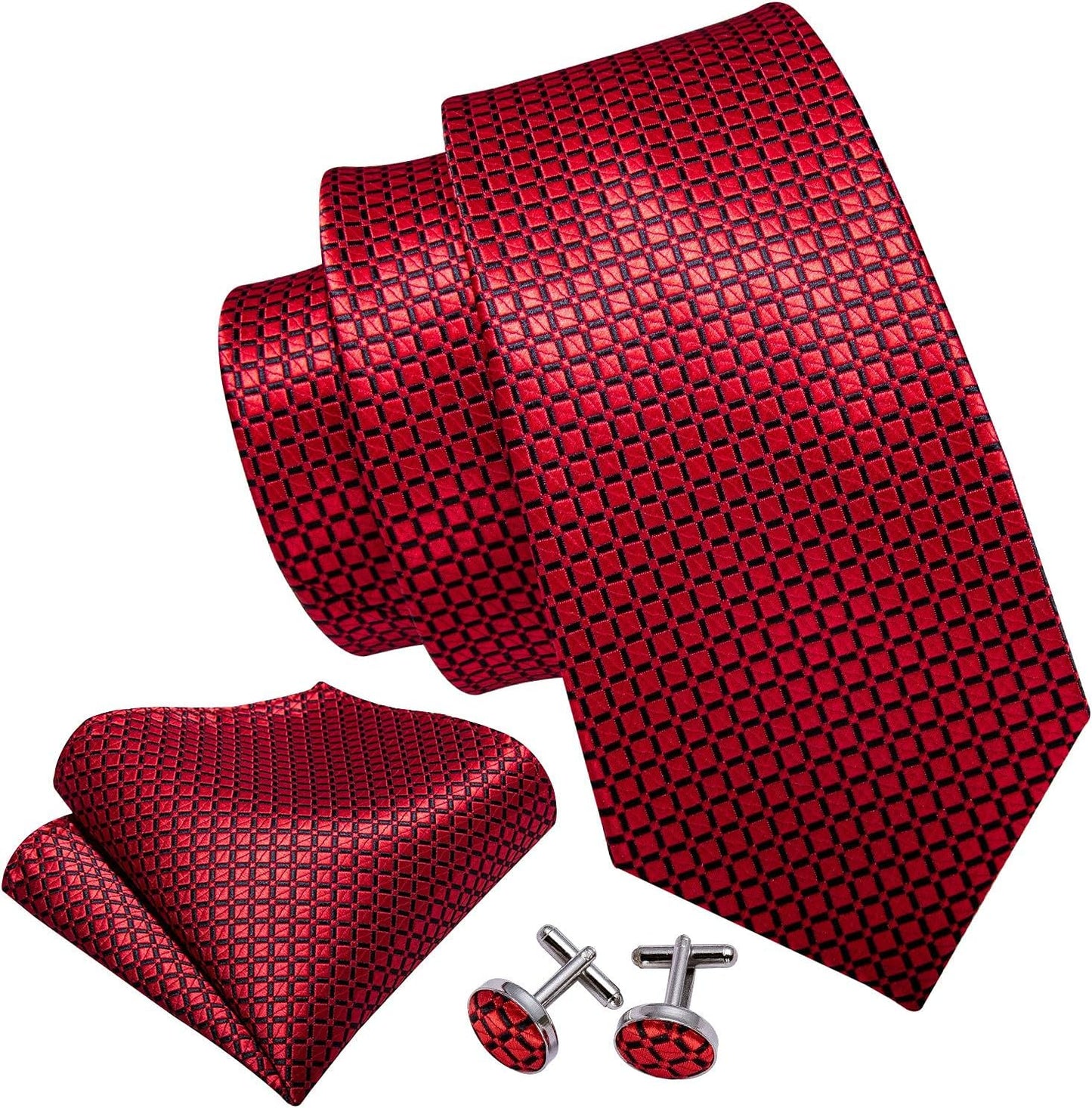 Barry.Wang Designer Classic Ties for Men Set Formal Pocket Square Cufflink Check Plaid