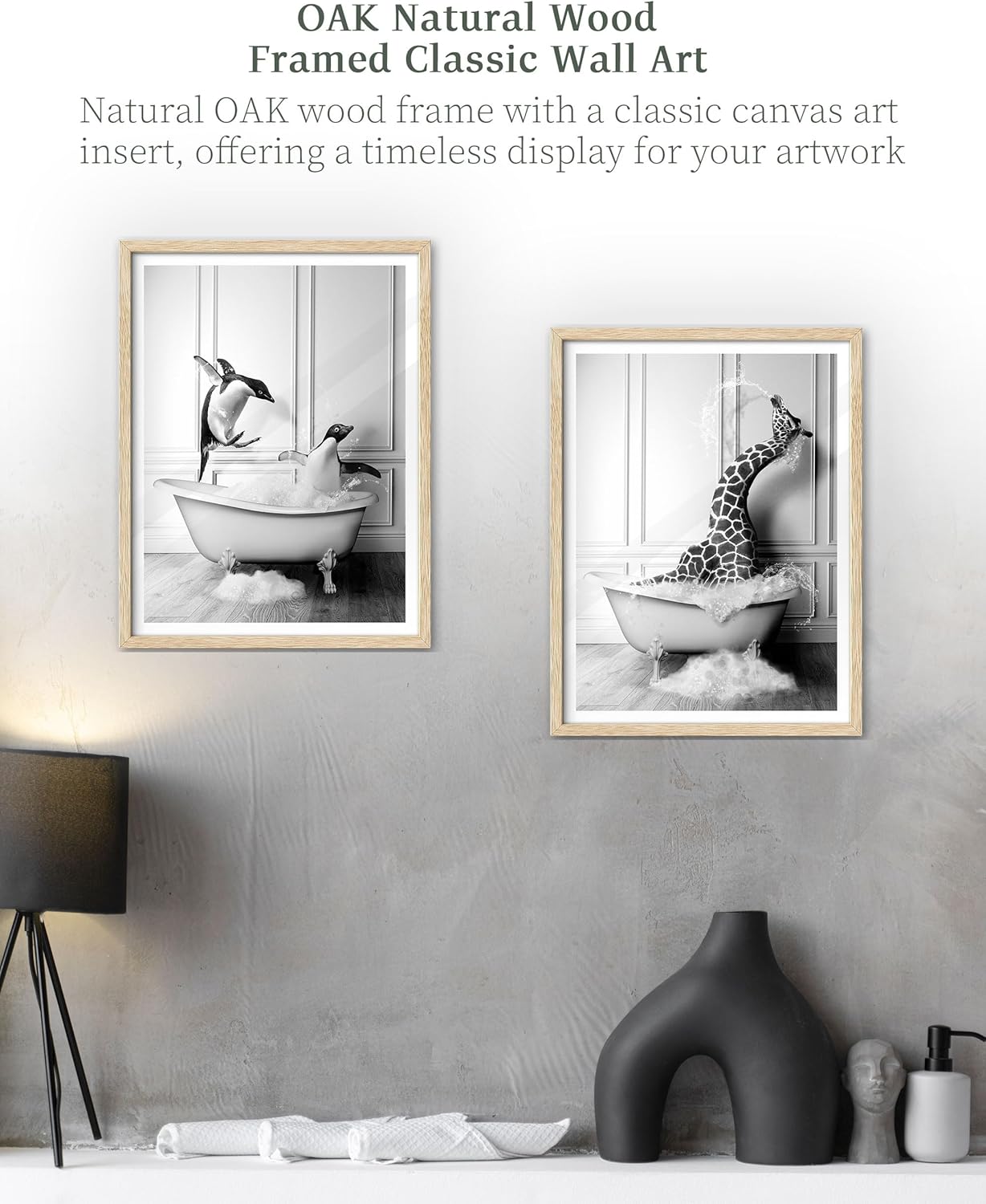 iHery Natural OAK Wood Framed Wall Art, 12x16 in Funny Bathroom Wall Art Decor, Giraffe Bathing Animals Canvas Prints, Black and White Wall Decor Pictures For Bedroom Living Room Set of 1