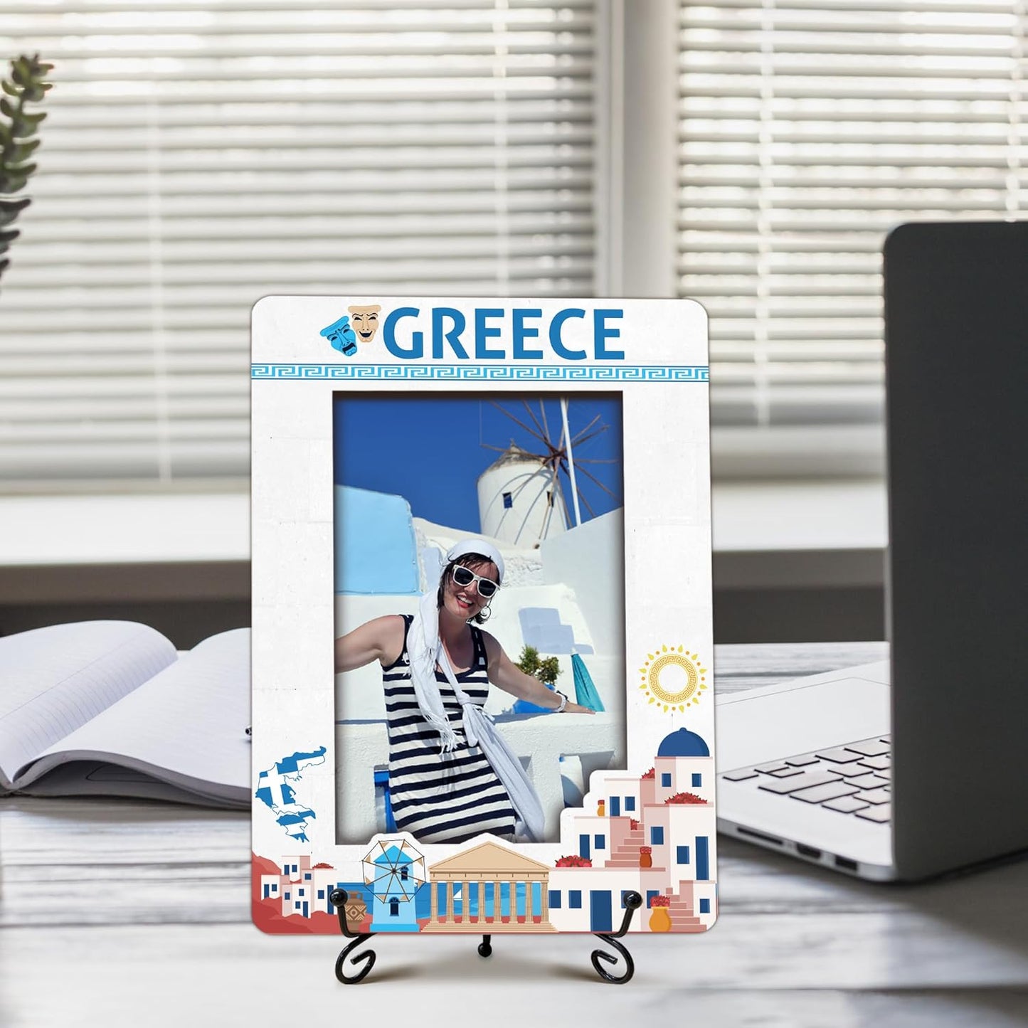 Greece Travel Picture Frame, 5 x 8 Greece Themed Wooden Photo Frame with Stand, Vacation Anniversary Honeymoon Gifts For Friend Family Couples, Home Office Desk Decorations-A21