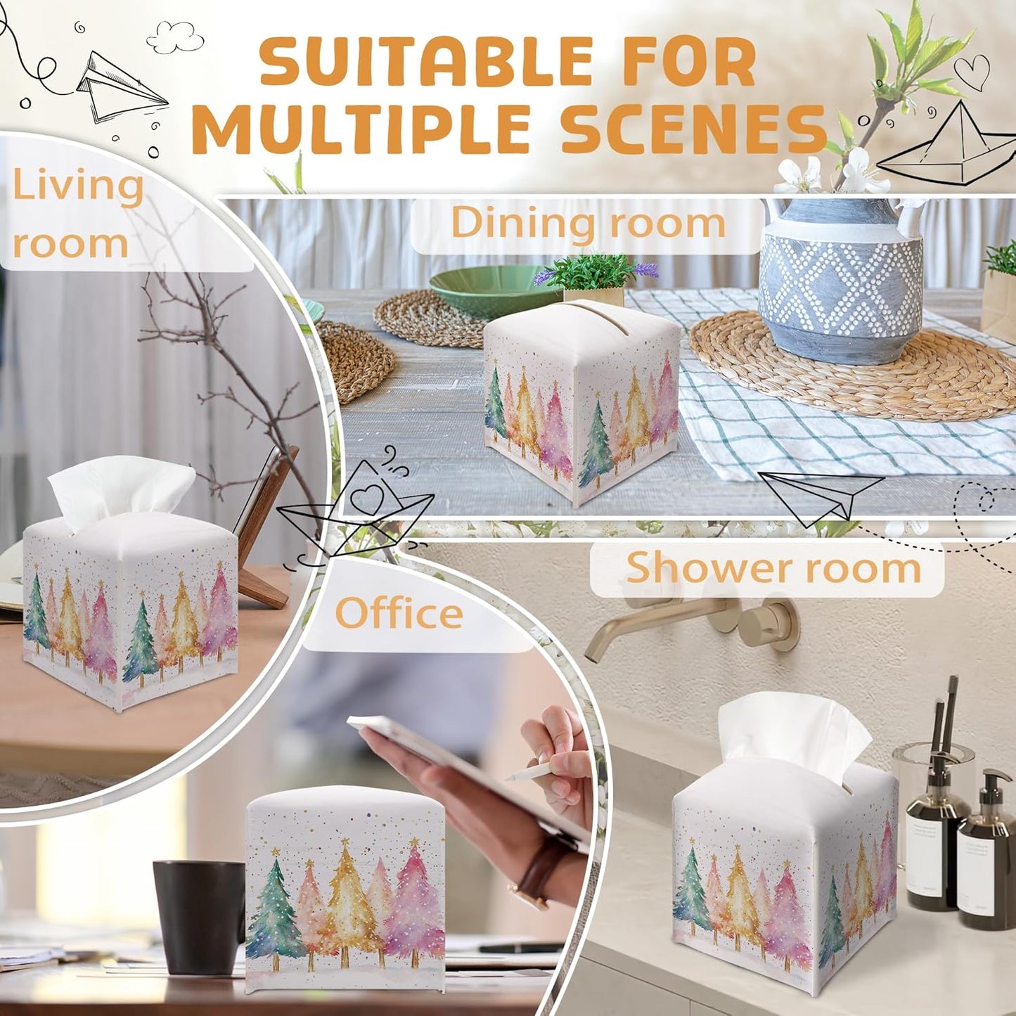 Christmas Tissue Box Holder, Colorful Christmas Tree Leather Tissue Box Cover Square, Paper Facial Decorative Tissues Cover for Night Stands Bathroom Kitchen Office Car Home Decor-B18