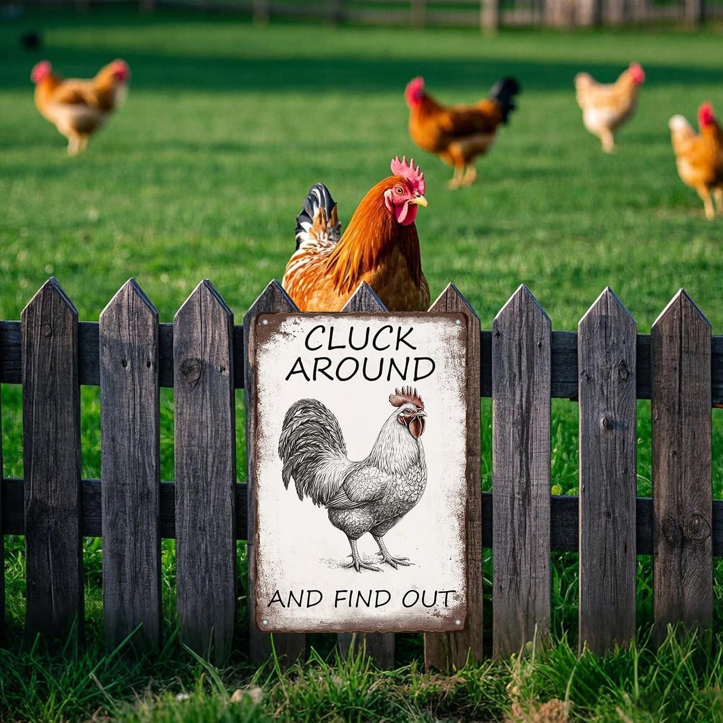 Vintage Tin Metal Aluminum Sign Chicken Cluck Around And Find Out Iron Painting Vintage Wall Decoration Poster For Home Garden Yard Garage Bar Shop 12x8 Inch