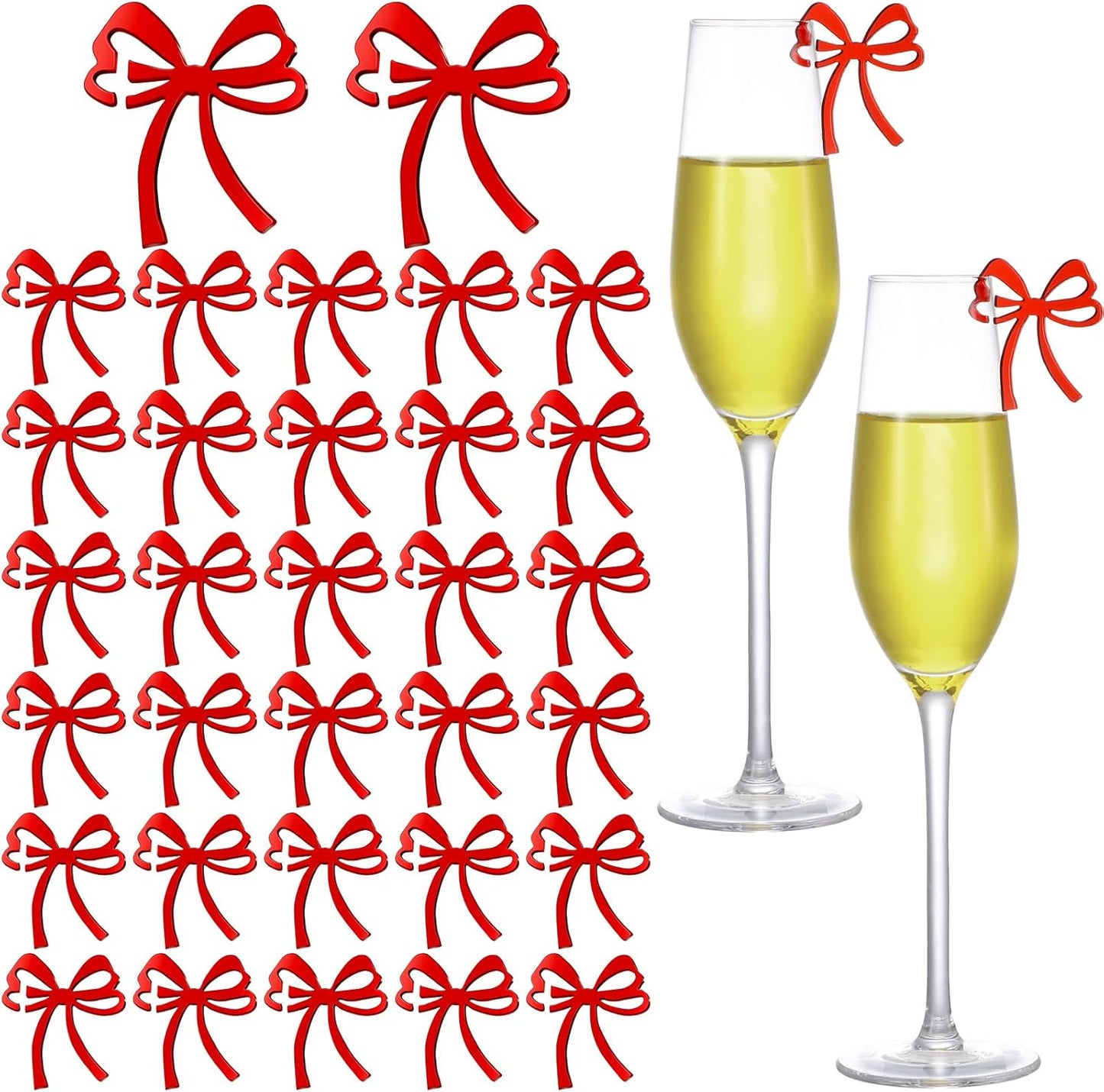 50 Pcs Bow Drink Tags Mirror Bow Markers Christmas Bowknot Decorations Themed Party Favors Coquette Acrylic Cocktail Tag for Bachelorette Birthday Wedding Party Decor Accessory