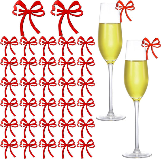 50 Pcs Bow Drink Tags Mirror Bow Markers Christmas Bowknot Decorations Themed Party Favors Coquette Acrylic Cocktail Tag for Bachelorette Birthday Wedding Party Decor Accessory