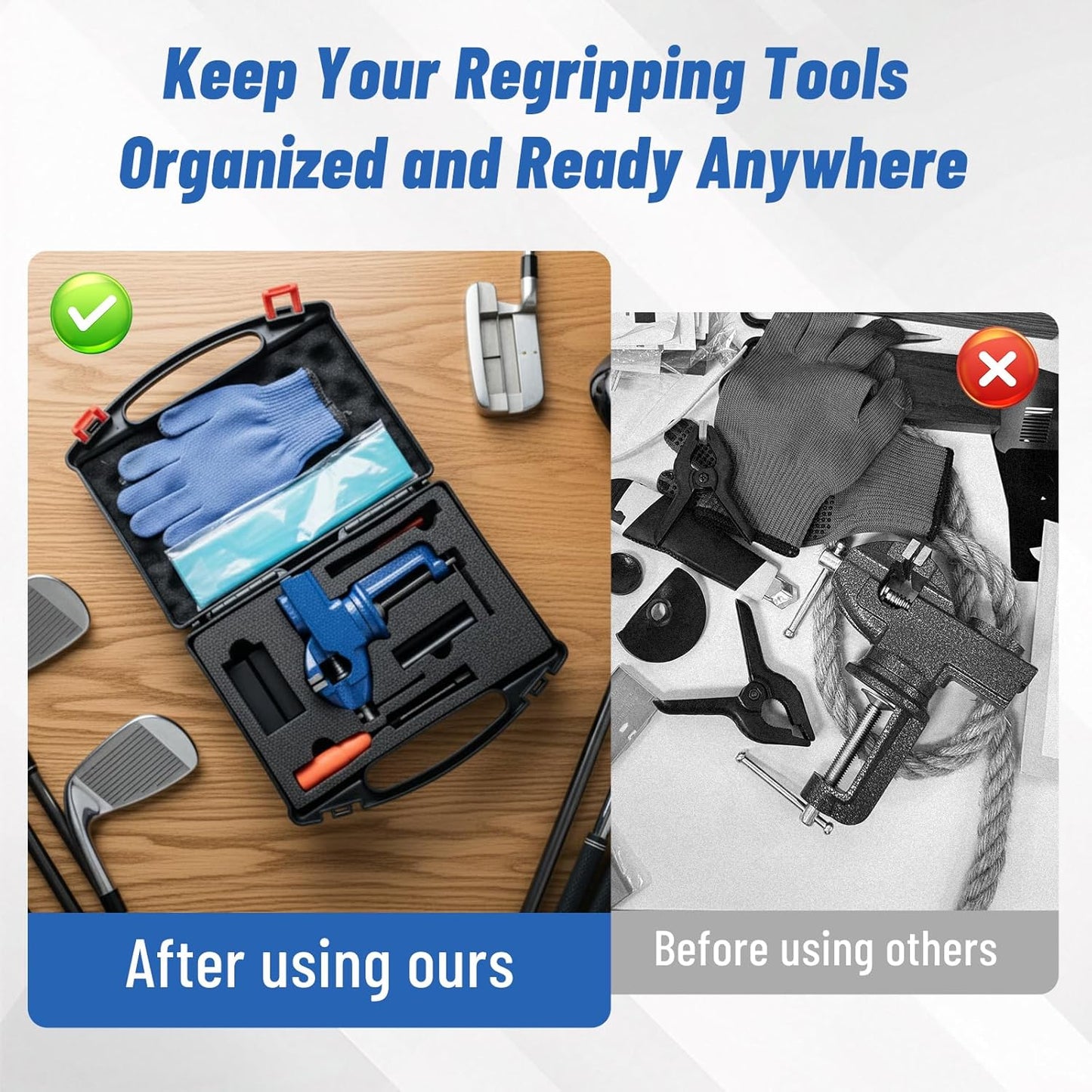 Golf Club Vise for Regripping – Portable Golf Club Regripping Kit, Golf Grip Kit with Rubber Clamp, Tapes, Hook Knife, Gloves & Storage Case