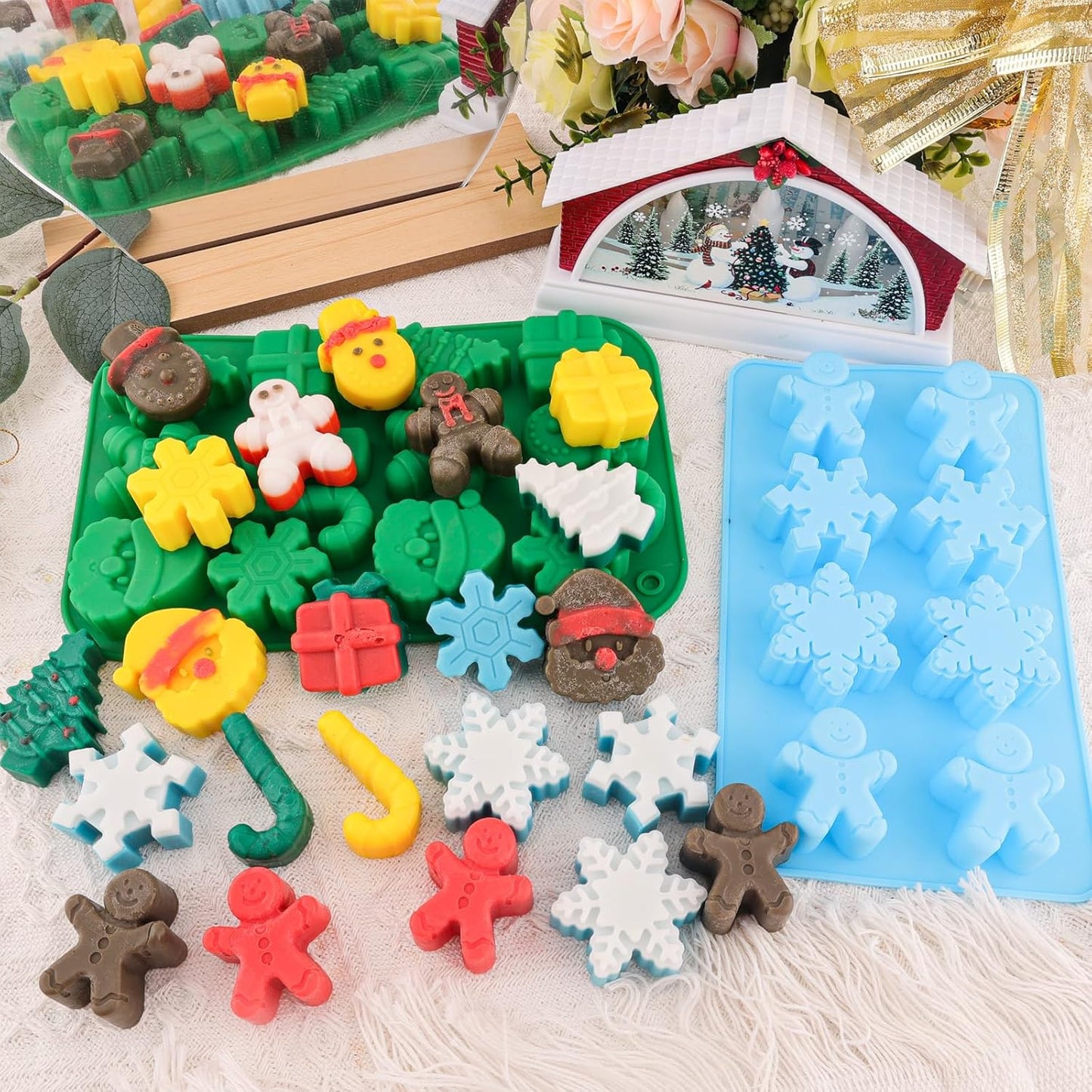 Christmas Silicone Molds Christmas Chocolate Molds Candy Molds for Baking Sweet Treats,Cake Xmas Gift Handmade Soap Candles with Shape of Christmas Tree, Santa Head Party Decoration Red,Green,Blu