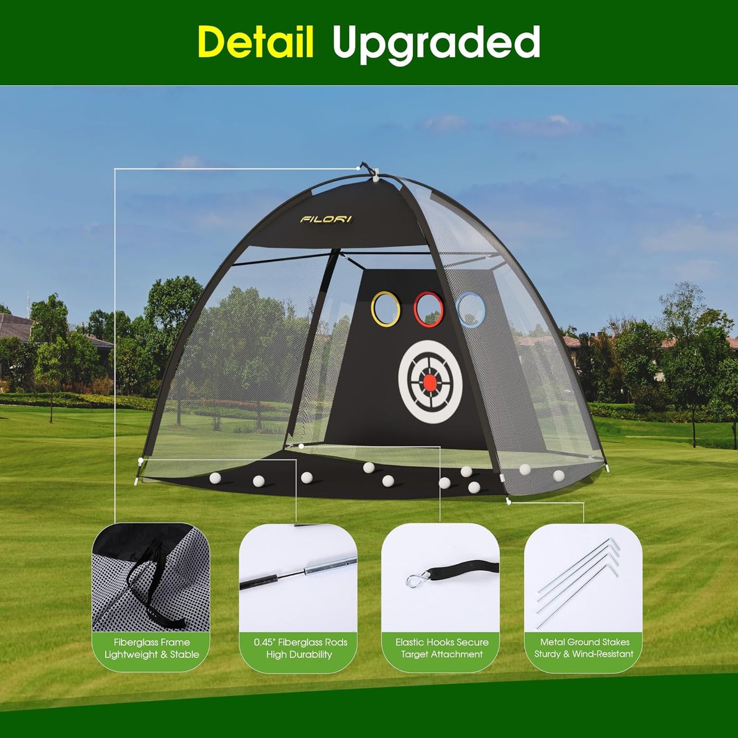 FILORI Golf Practice Net 10x7FT Heavy-Duty Golf Hitting Net with Tri-Turf Mat, 8 Balls, Tee & Carry Bag, Indoor/Outdoor Backyard Training for Driving Chipping Swing, Ideal Gifts for Men Dad Golfer