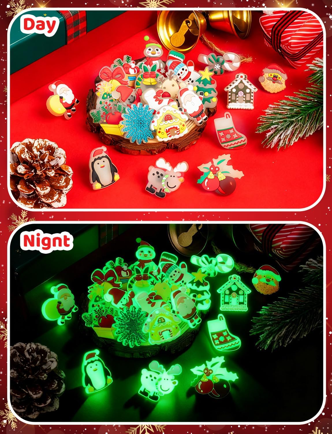 WDAHDHP Christmas Glow in the Dark Pencil Clips, 100Pcs Cute Luminous Pencil Charms Topper for Kids Students School Gifts Classroom Rewards