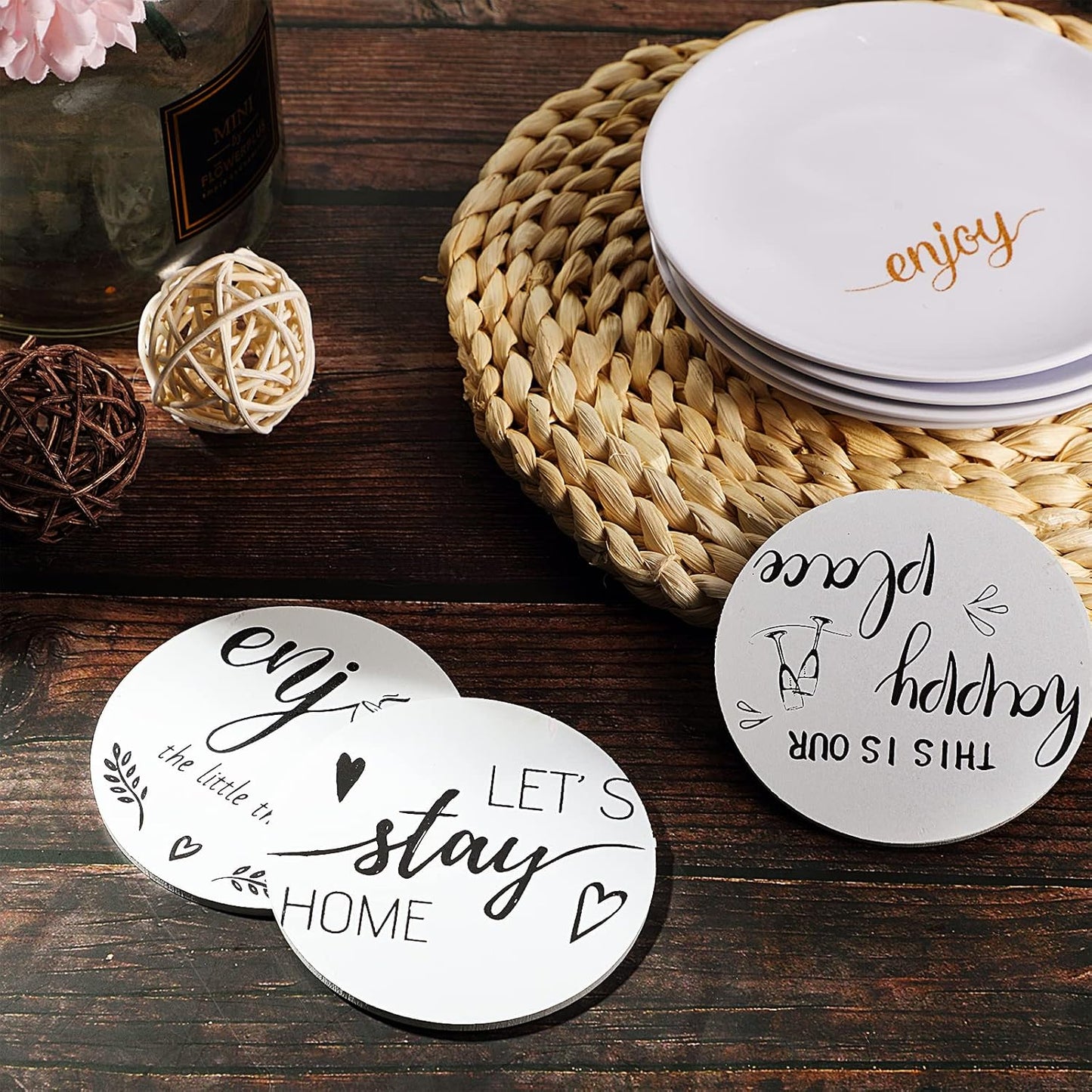 Queekay Housewarming Gifts for Home Decoration Wooden Heart Coasters for Drinks 6 Set Farmhouse Coasters with Holder Funny for Family Coffee Table Protection, 4''(White,Gray)