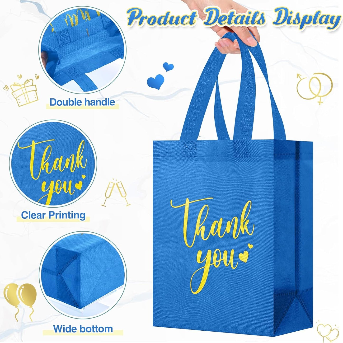 Sweetude 30 Pcs Thank You Gift Bags with Handles Bulk Reusable Goodie Bag Non Woven Foldable Handbag for Graduation Wedding Bridesmaid Gifts (10 x 8 x 4 Inch, Blue)