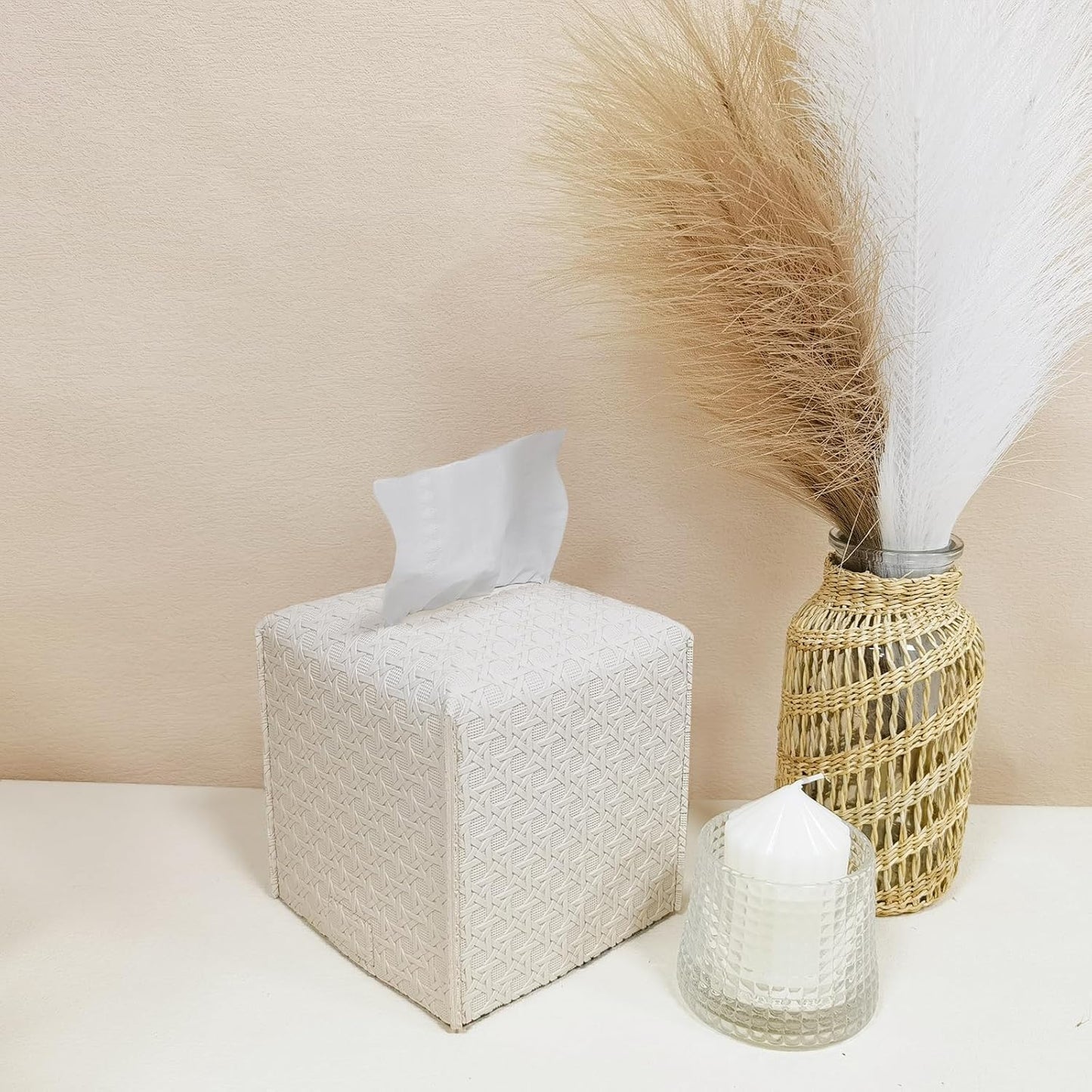 HOMOTEK 2 Pack Tissue Box Cover,PU Leather Tissue Holder,Square Decorative Facial Tissue Cube Paper Organizer Dispenser for Bathroom, Night Stands, Desk, Car 5X5X5'' - Rattan Weave, Ivory