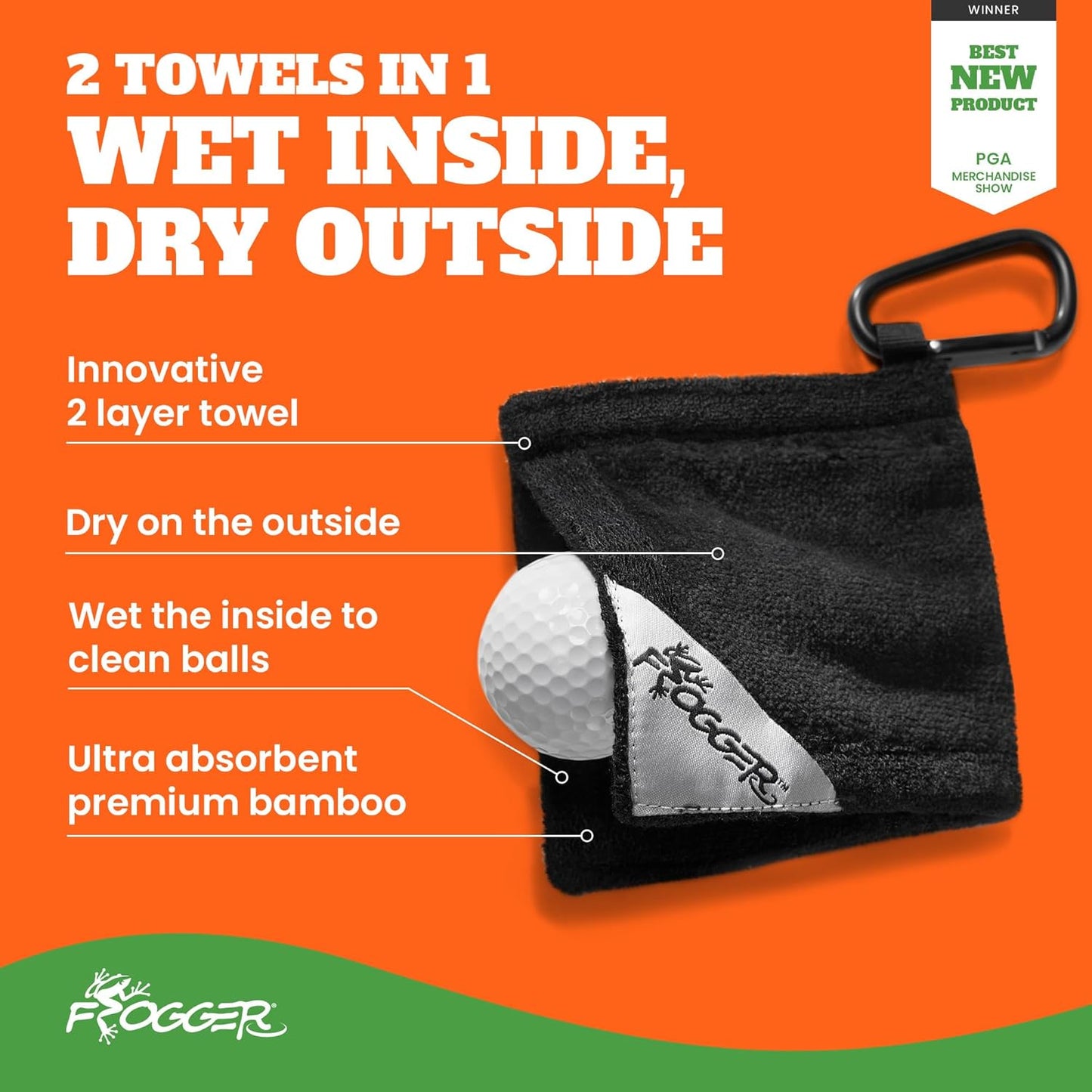 Frogger Amphibian Golf Ball Towel with Wet and Dry Technology Small Golf Ball Towels for Golf Bags with D Clip Golf Ball Accessories
